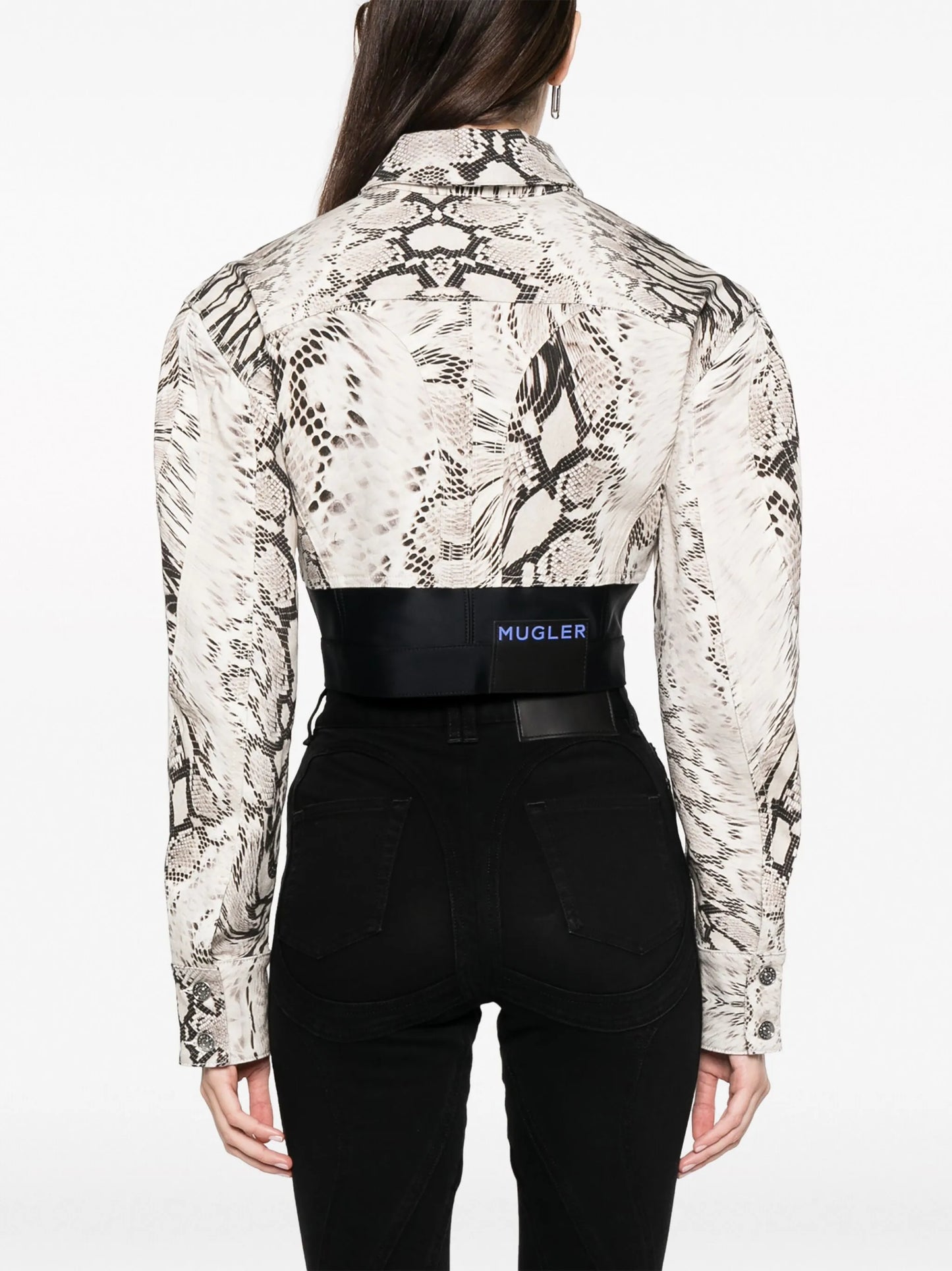Snake cropped panelled denim jacket