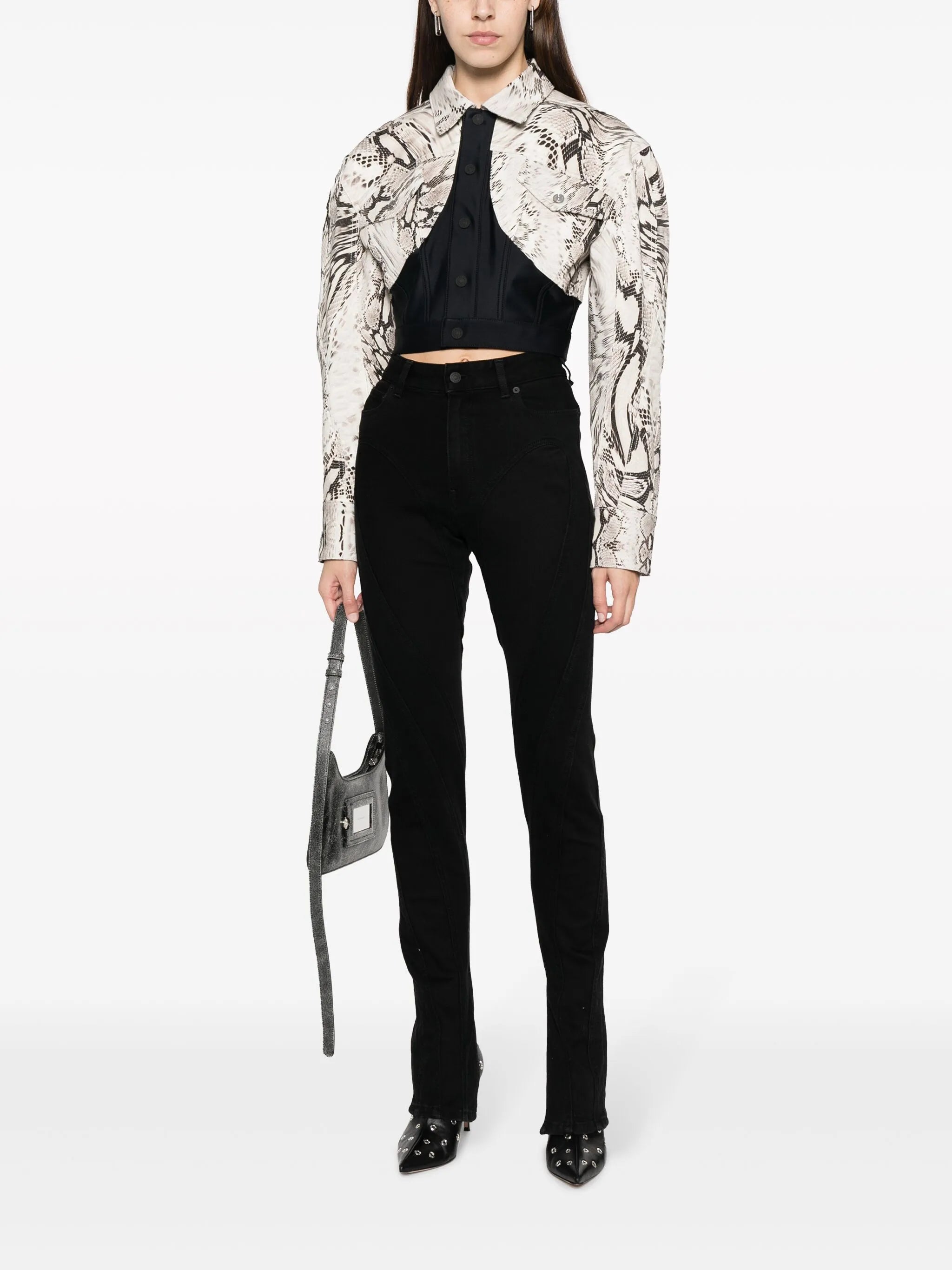 Snake cropped panelled denim jacket