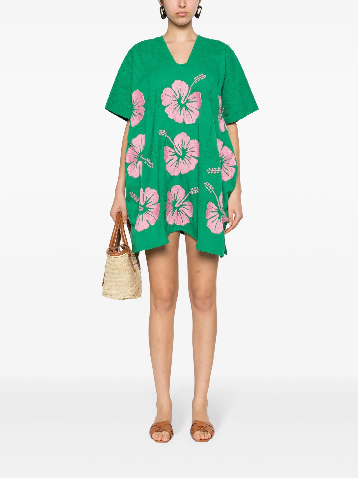 Three Panel hibiscus-embroidered kaftan