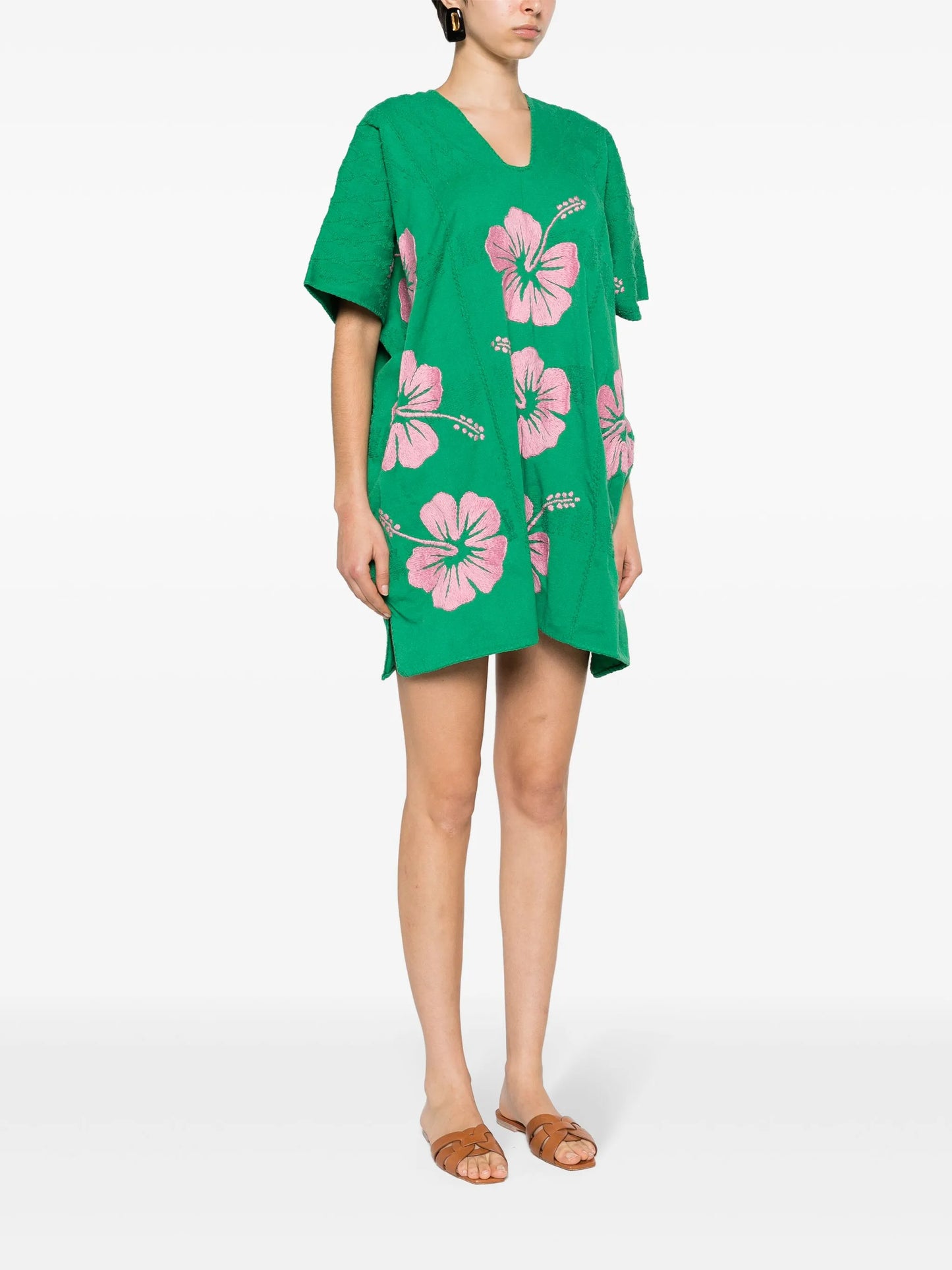 Three Panel hibiscus-embroidered kaftan