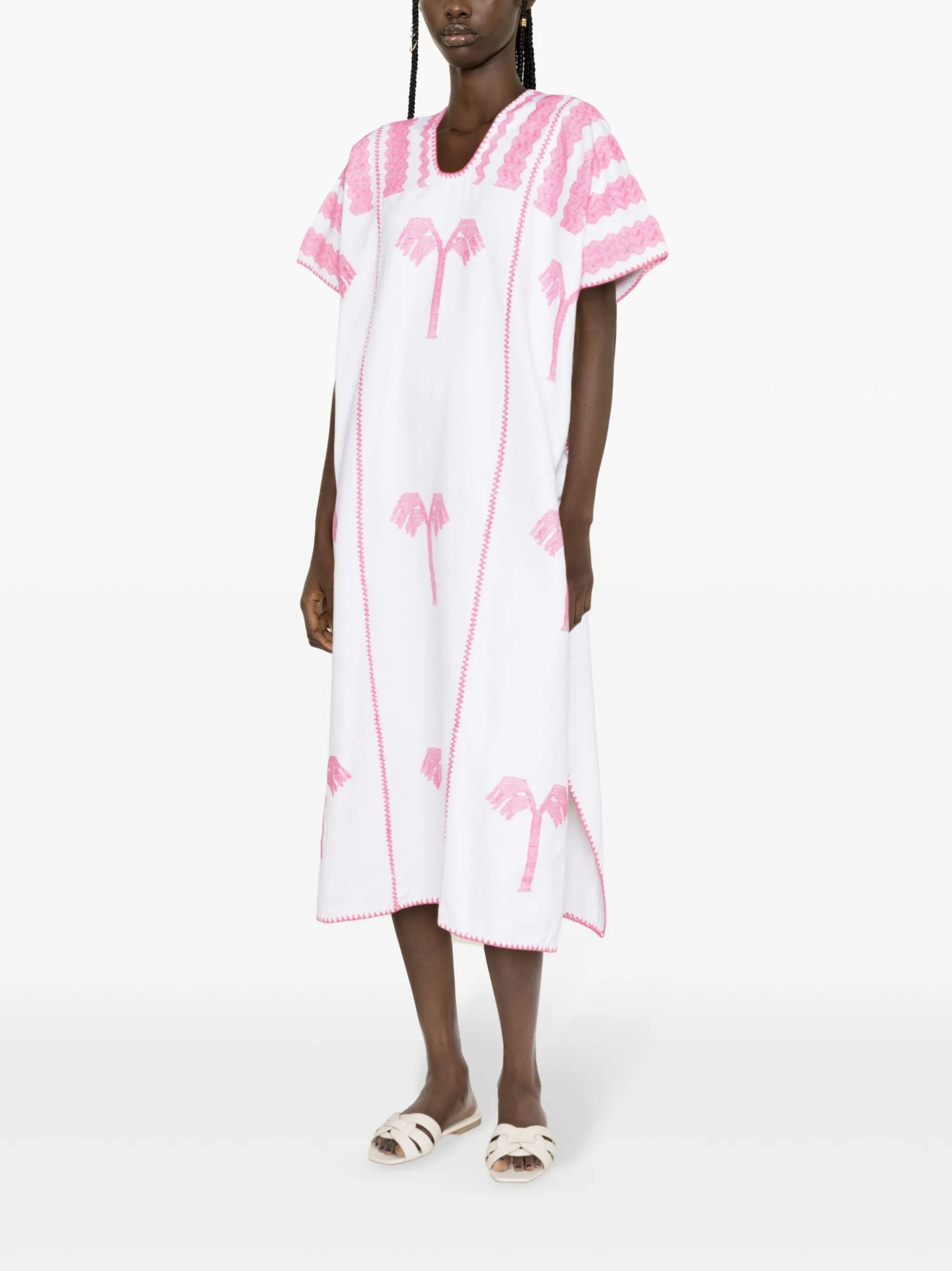 Palm Tree-embroidered midi dress