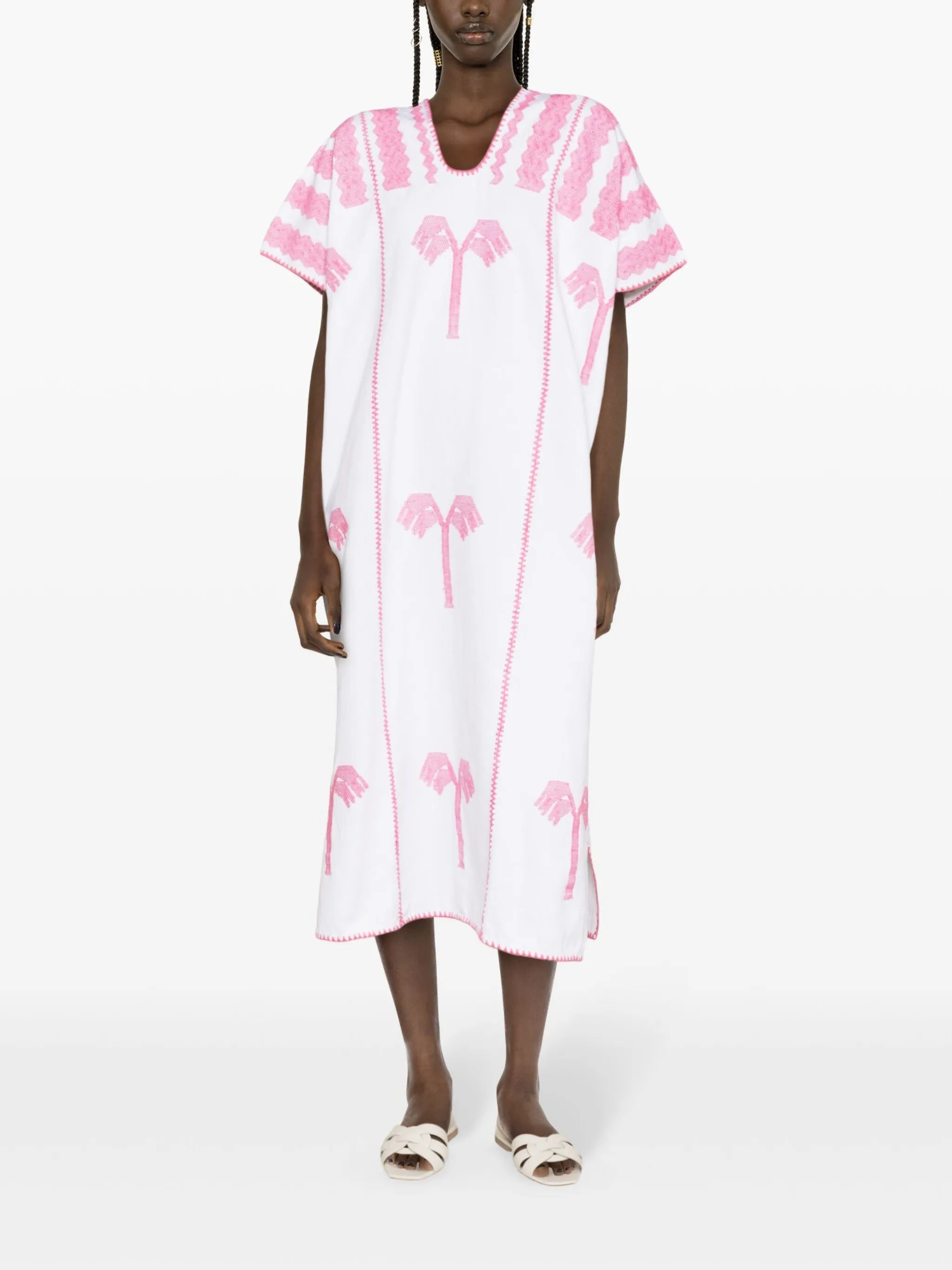 Palm Tree-embroidered midi dress