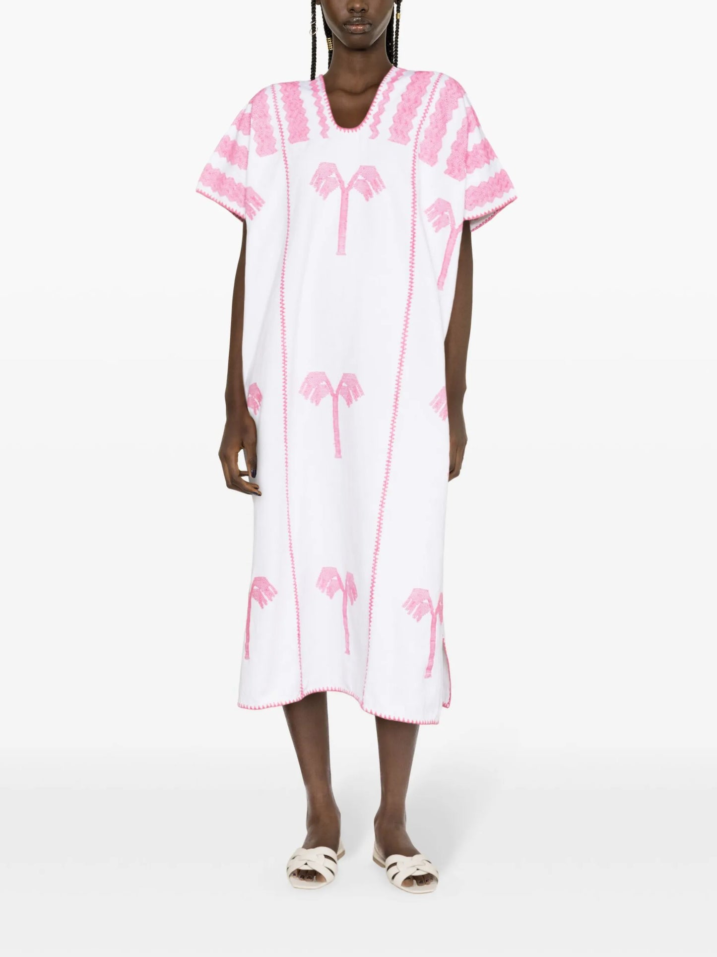 Palm Tree-embroidered midi dress