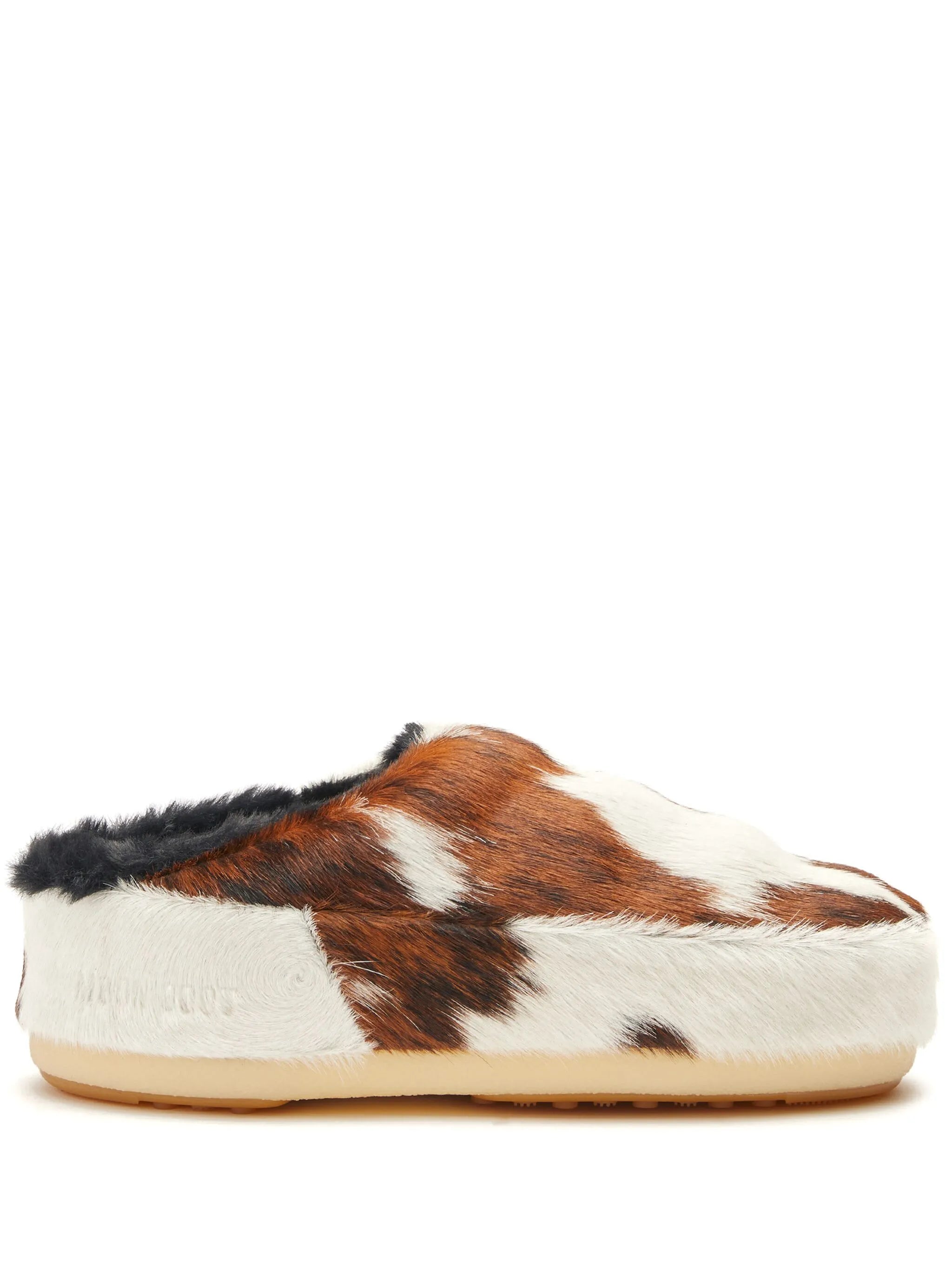 cow-print pony hair mules