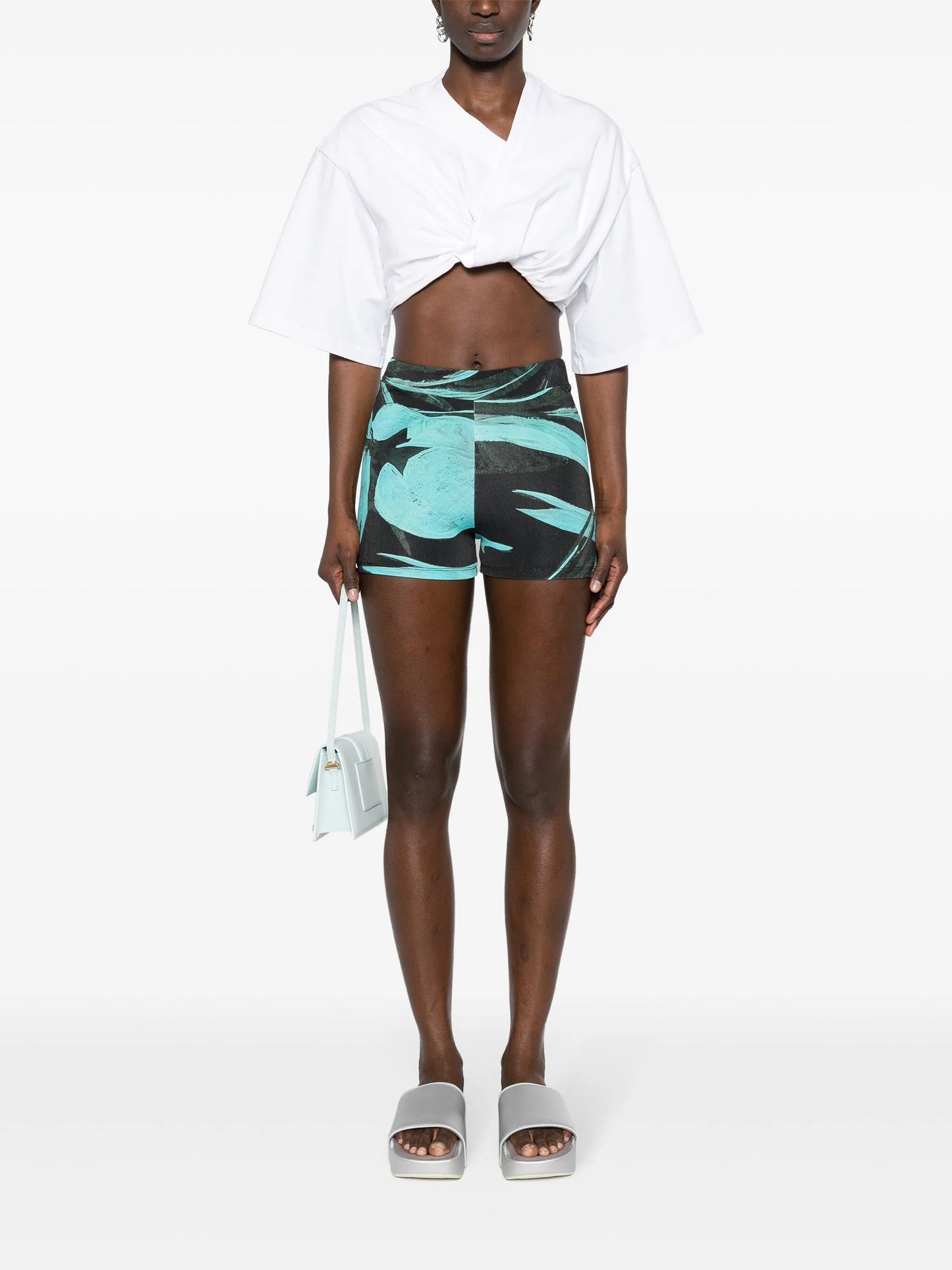 floral-print fine-ribbed mini shorts