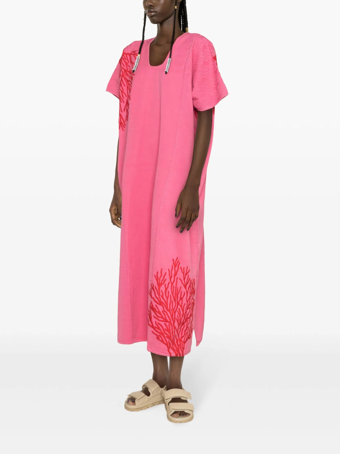 668 coral-embroidered midi kaftan