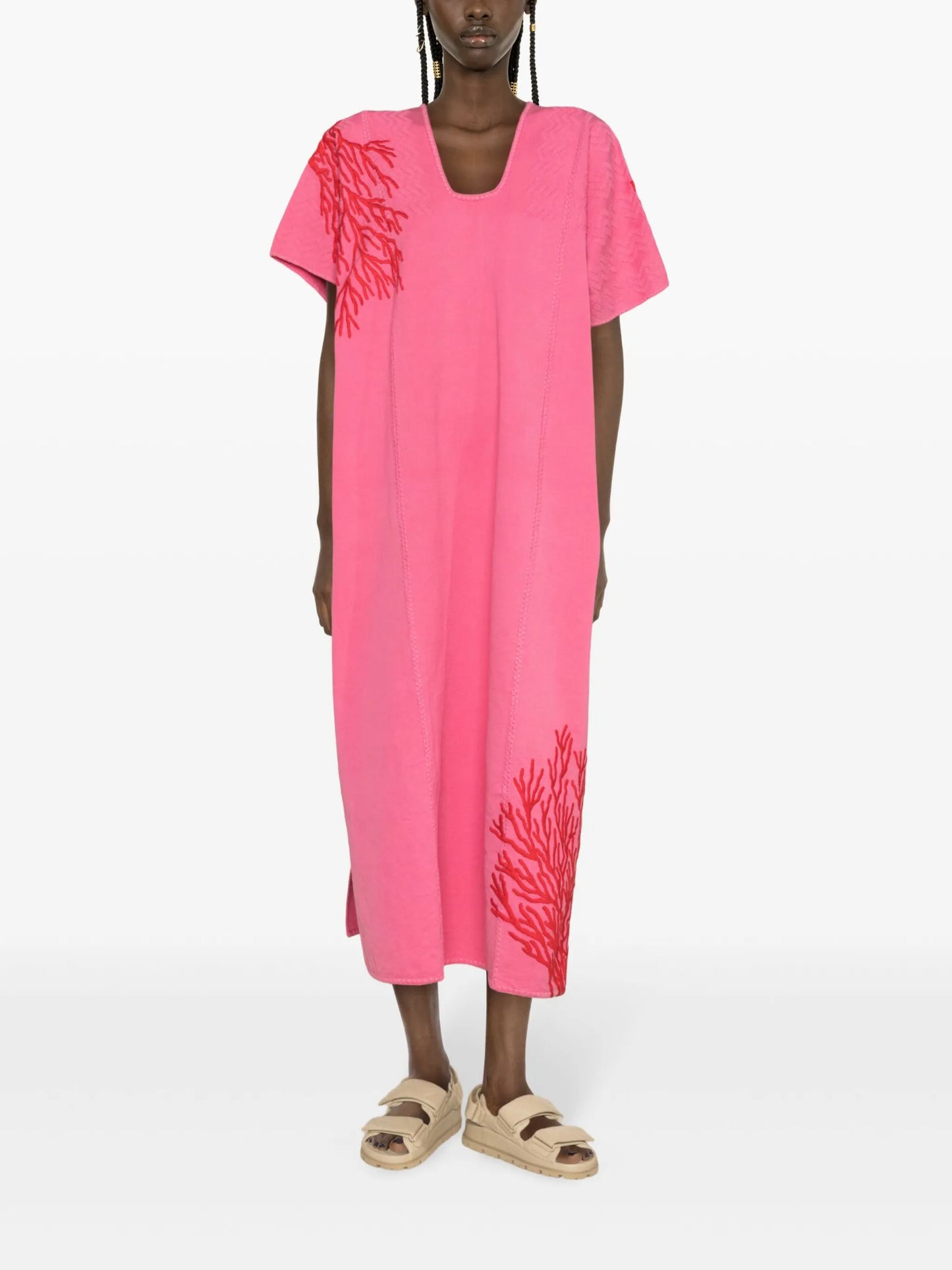 668 coral-embroidered midi kaftan