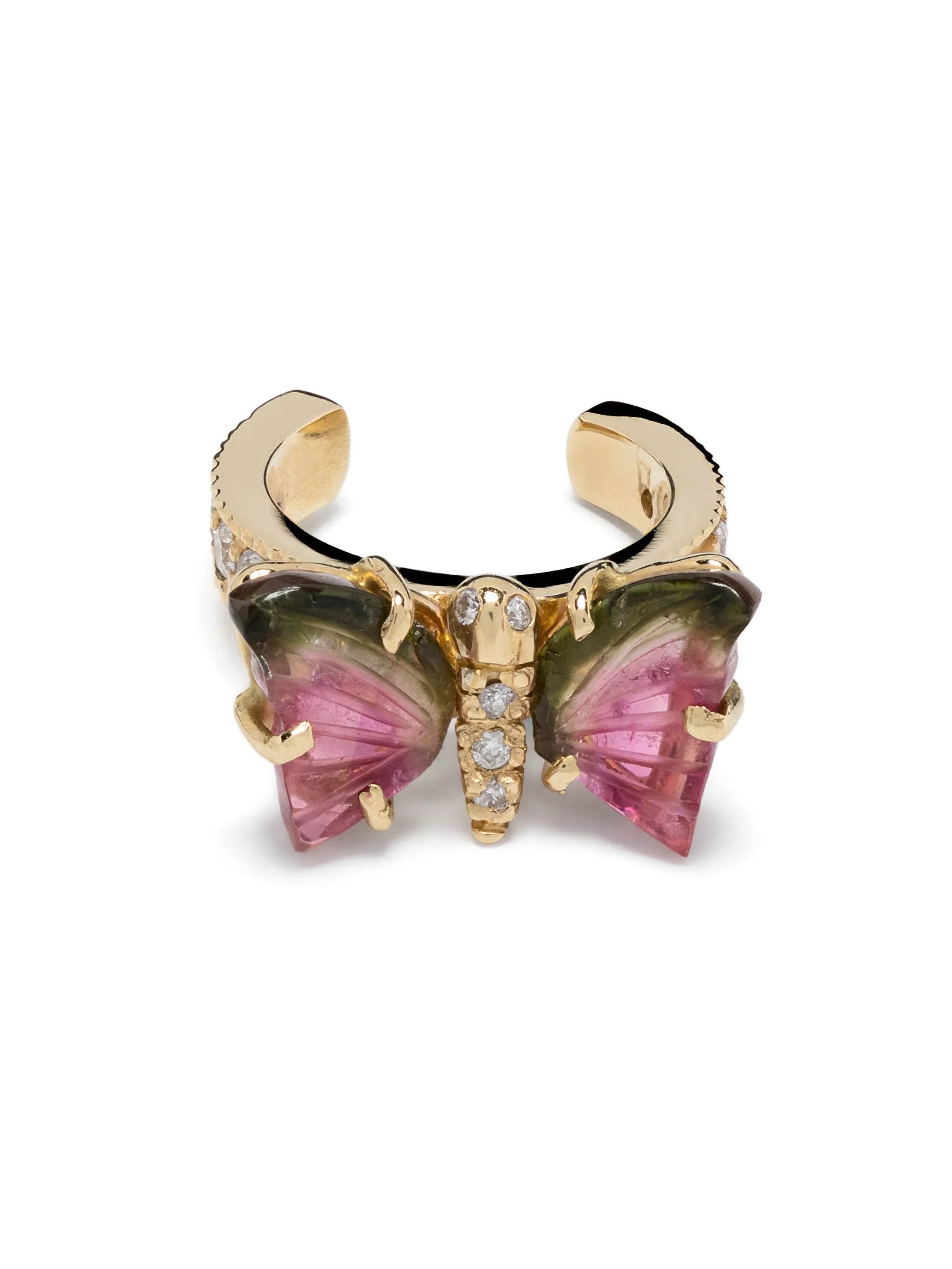 14kt yellow gold Watermelon Butterfly tourmaline ear cuff