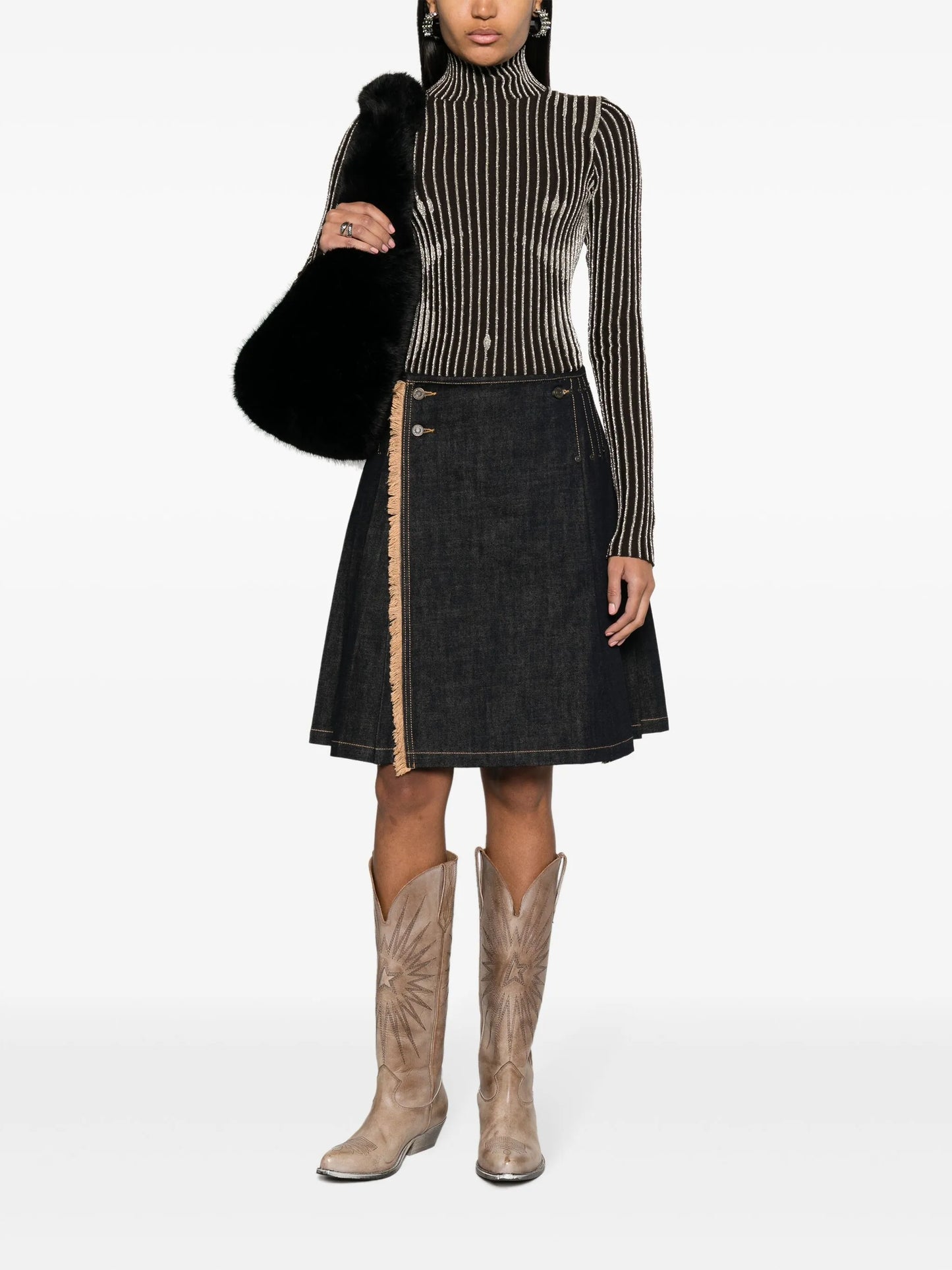 fringe-detailed denim kilt