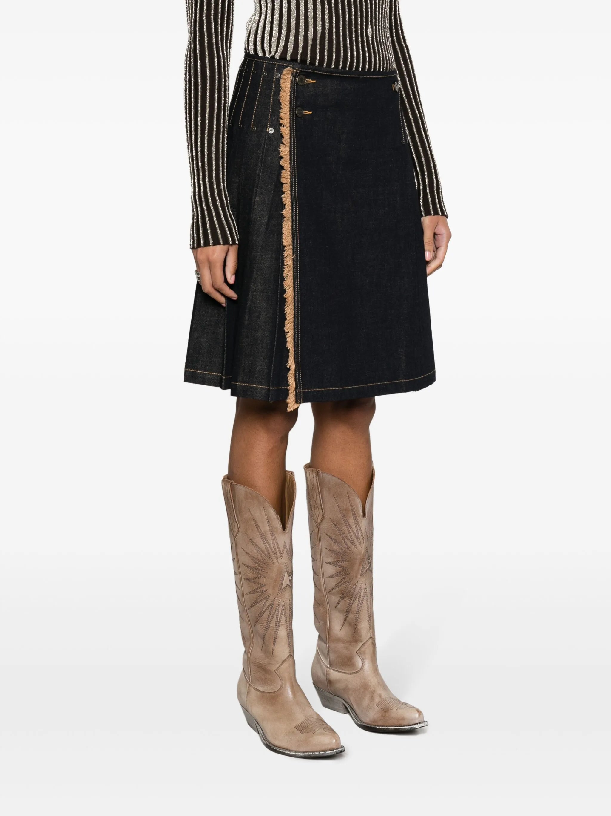 fringe-detailed denim kilt
