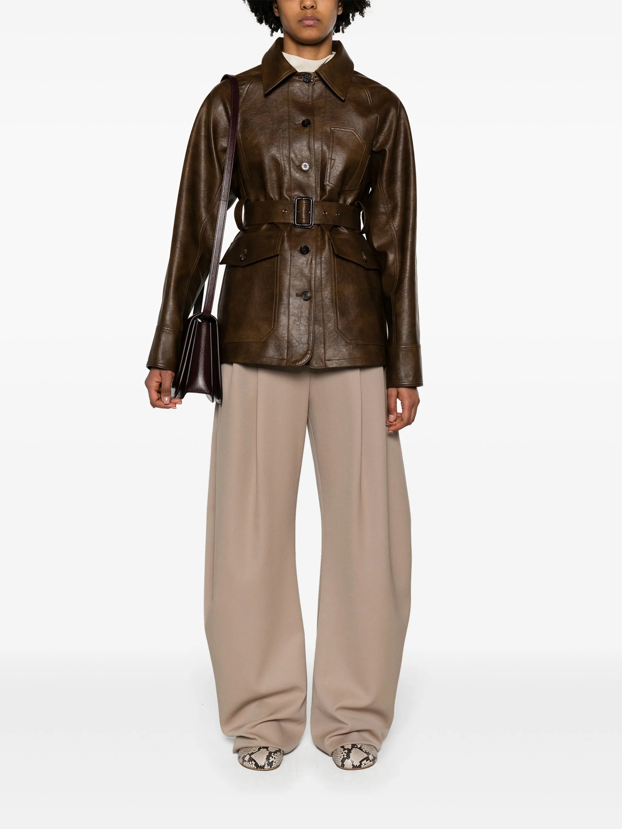 belted faux-leather shirt jacket