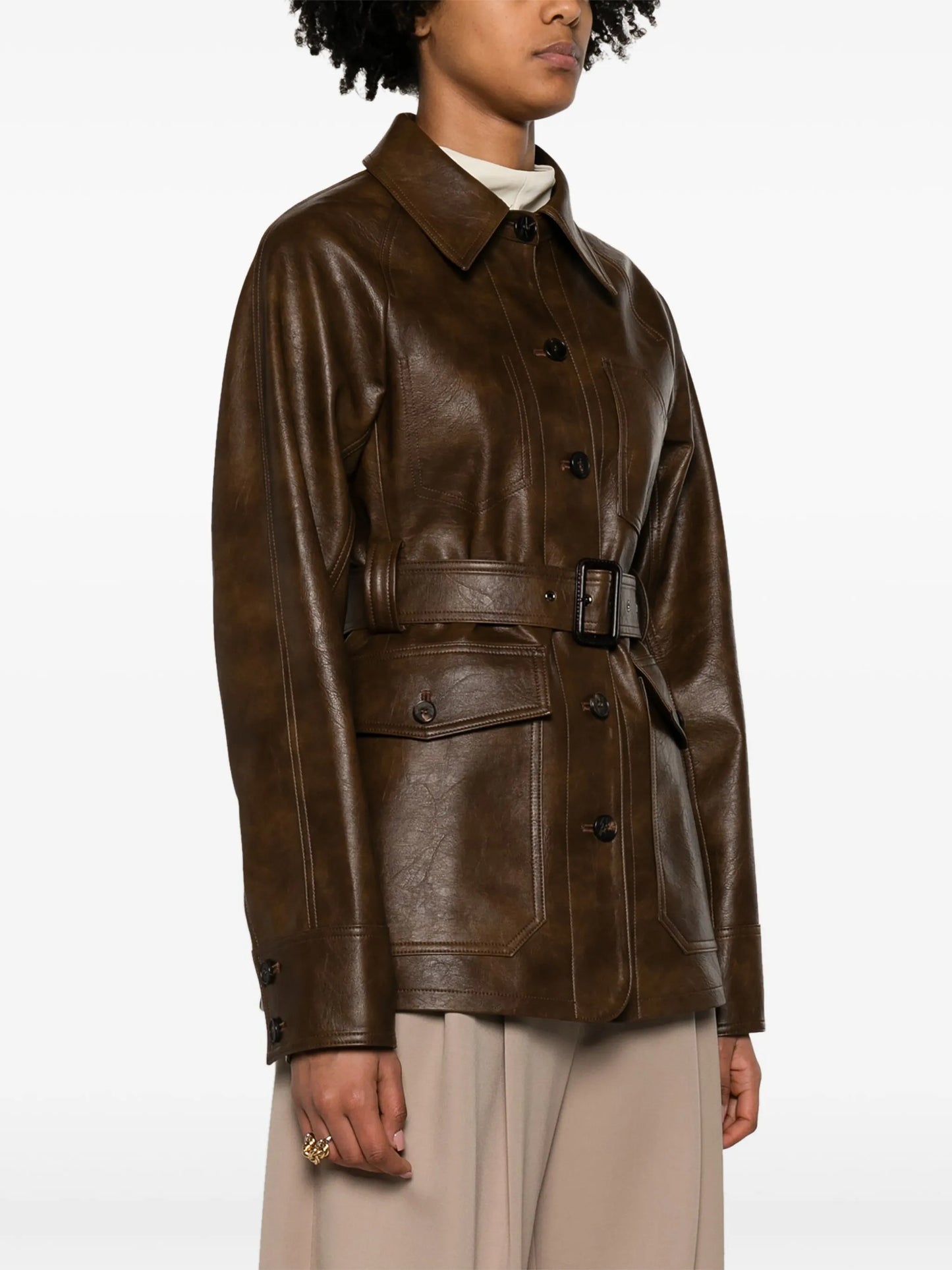 belted faux-leather shirt jacket