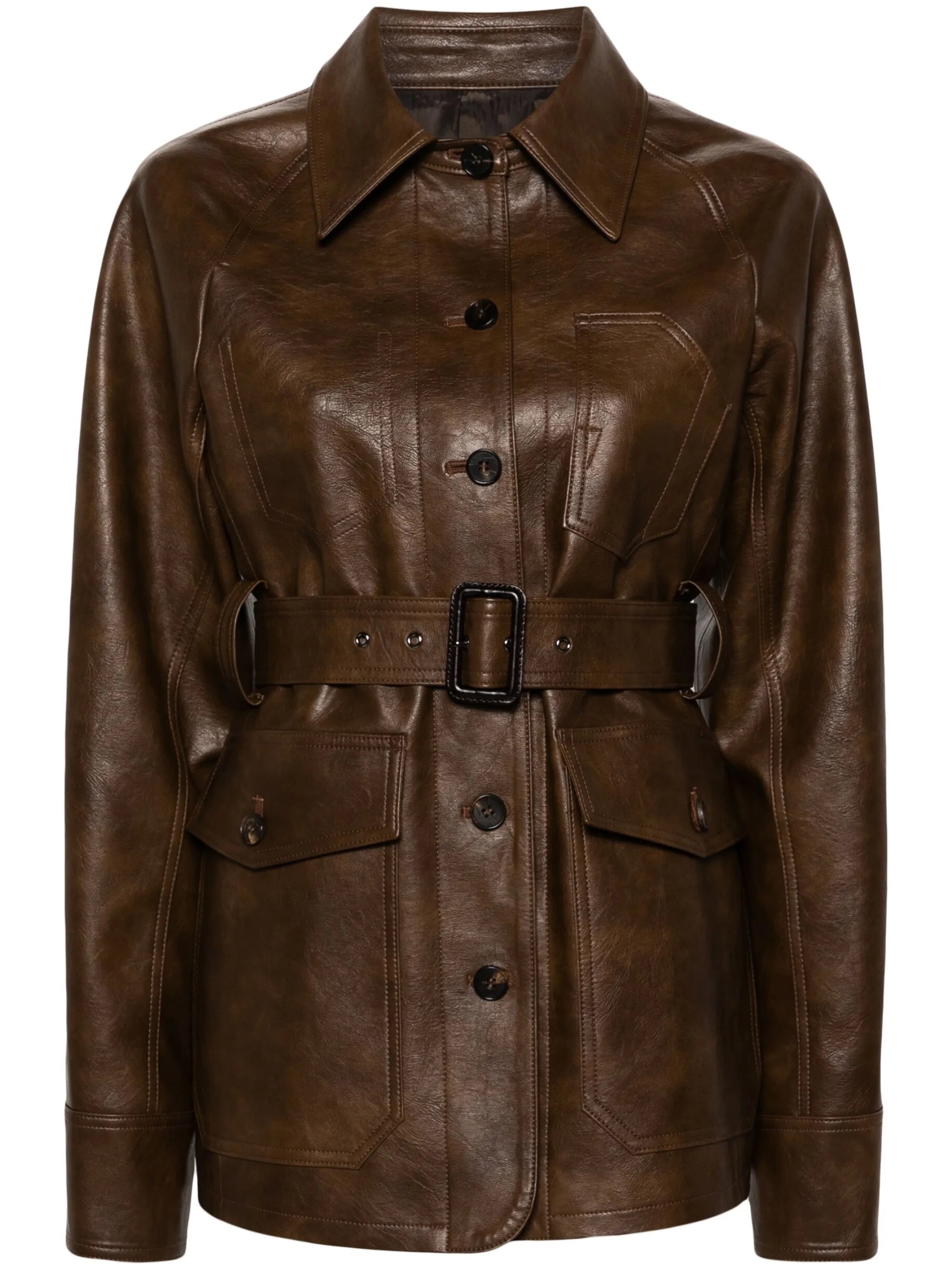 belted faux-leather shirt jacket