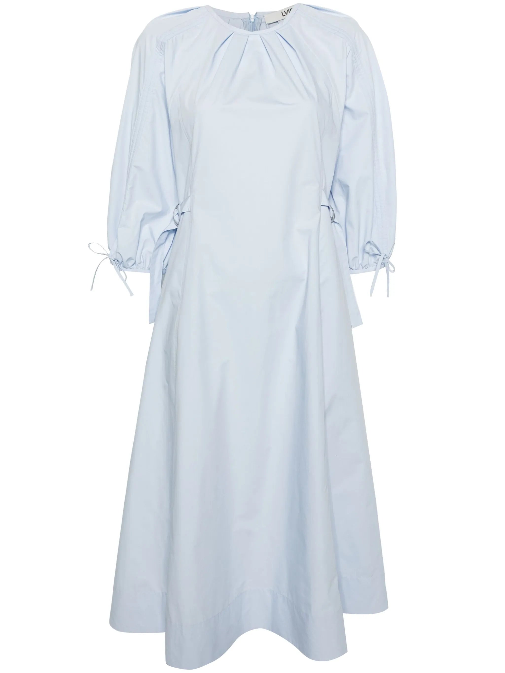 puff-sleeve flared midi dress