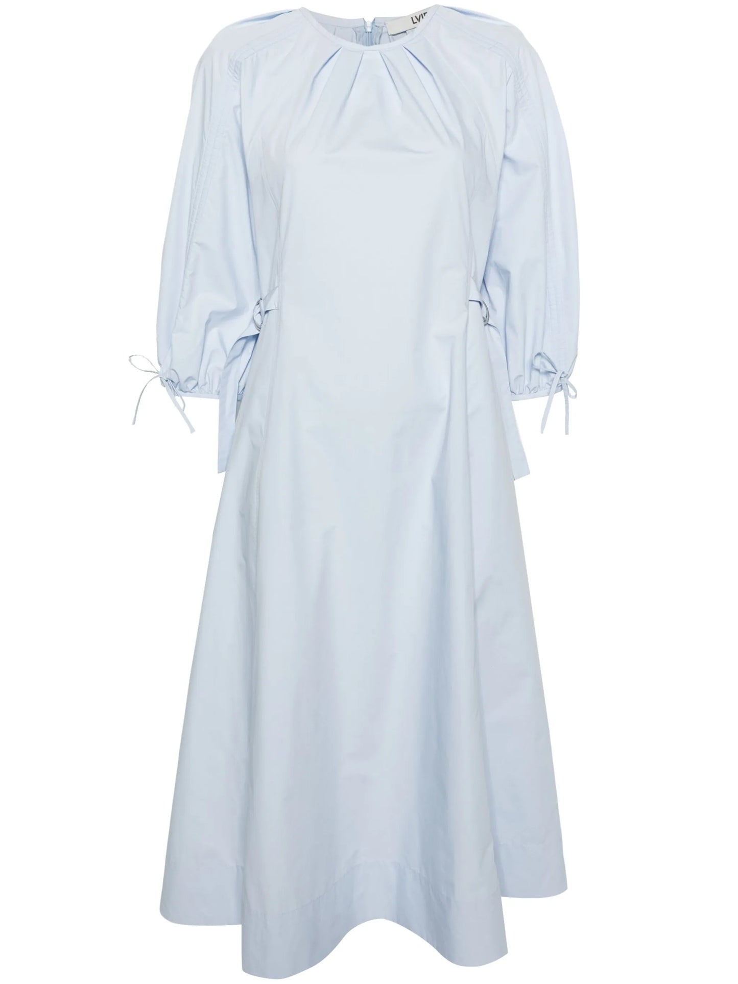 puff-sleeve flared midi dress