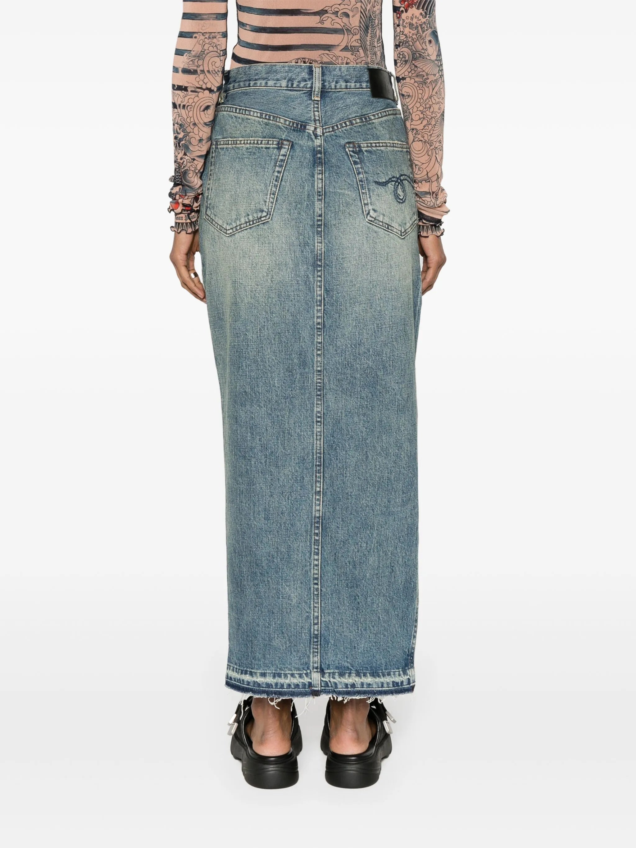 side-slit denim midi skirt