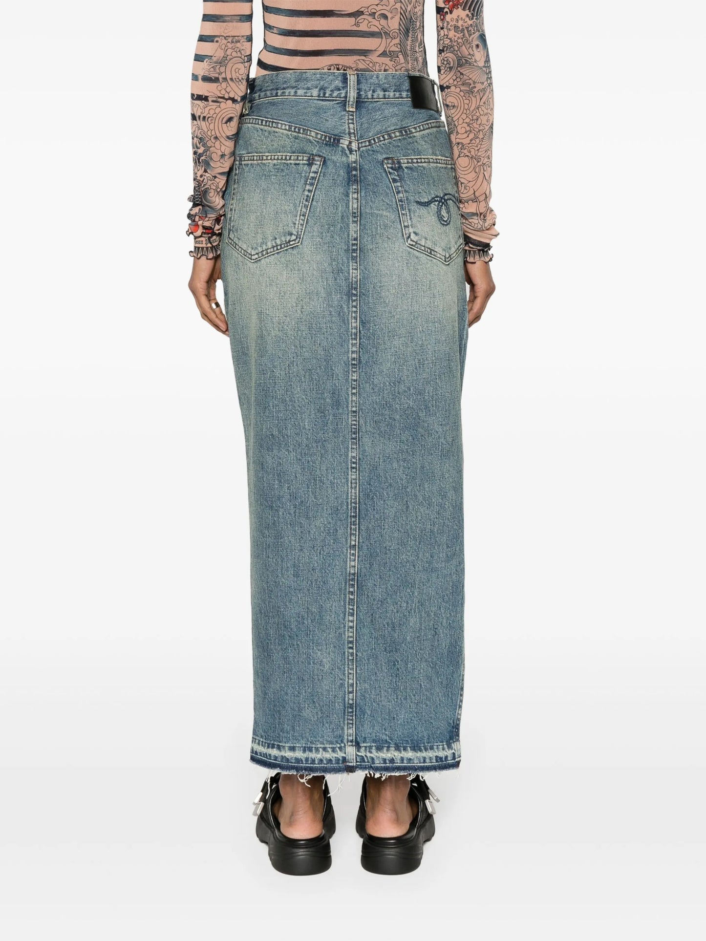 side-slit denim midi skirt