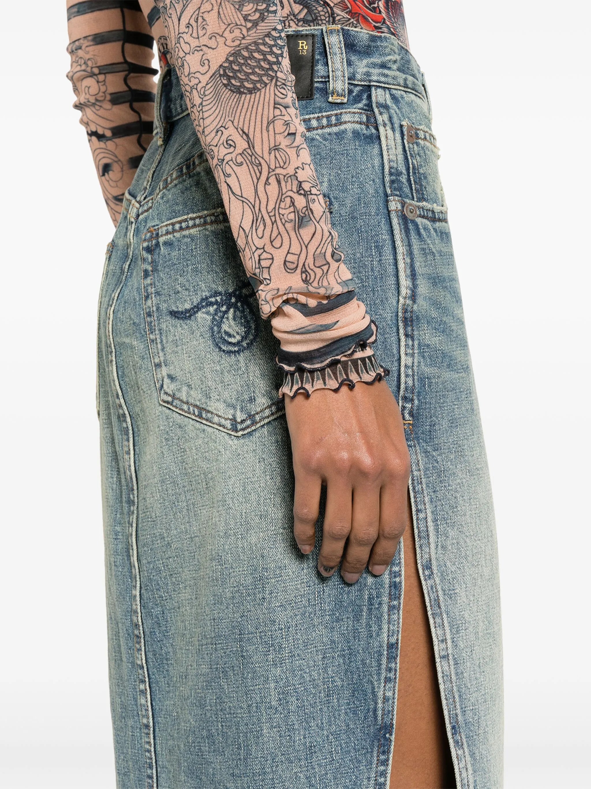 side-slit denim midi skirt