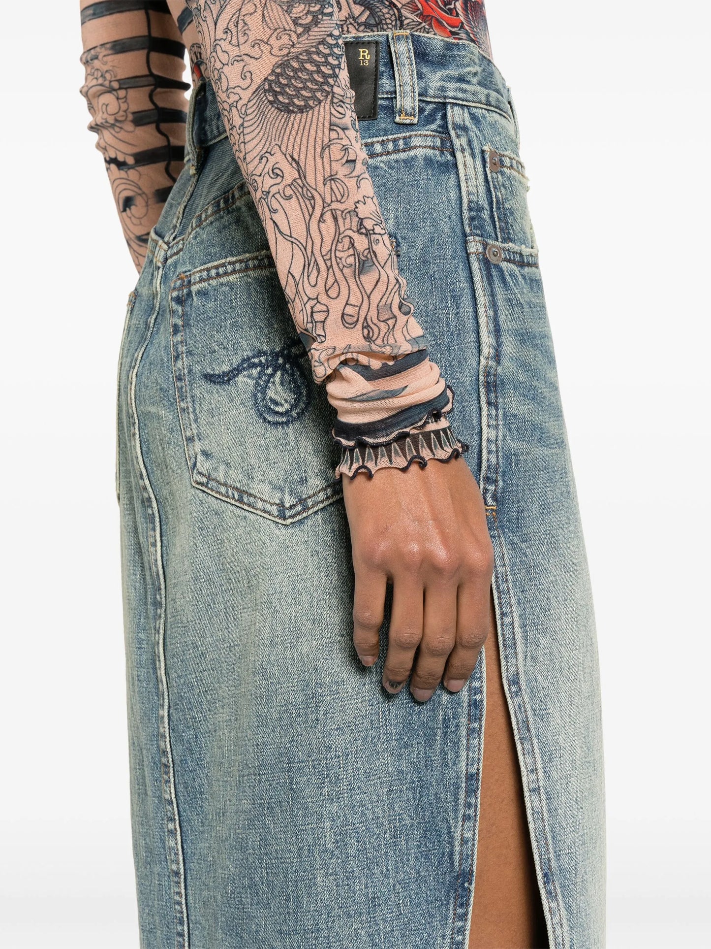 side-slit denim midi skirt
