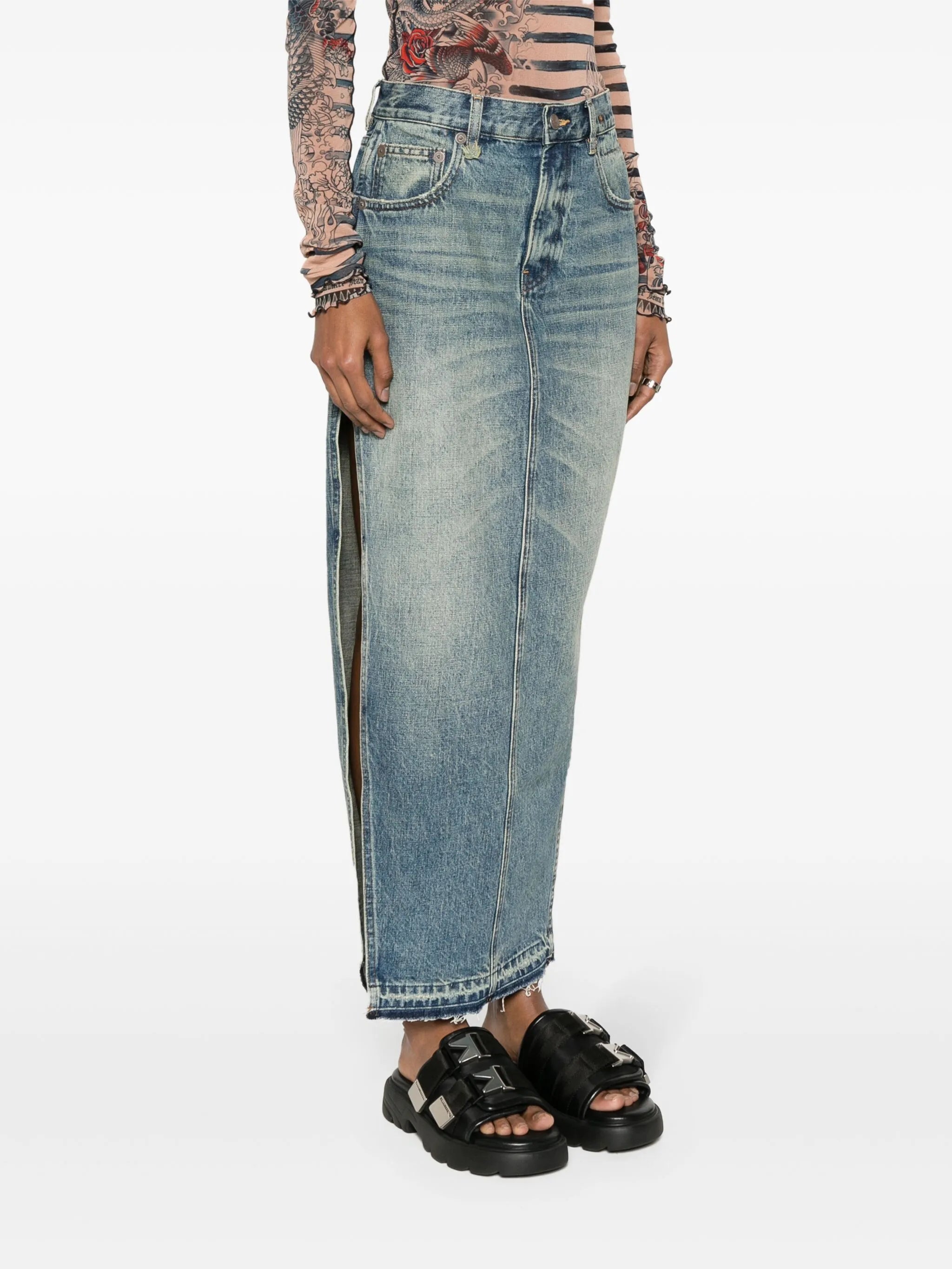 side-slit denim midi skirt