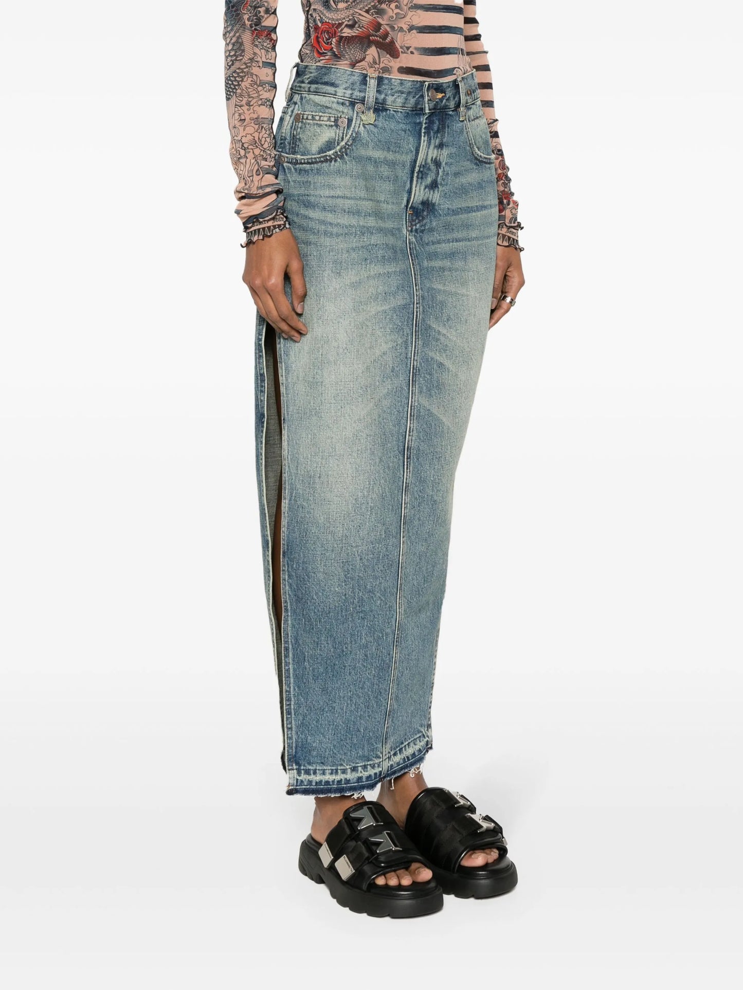 side-slit denim midi skirt