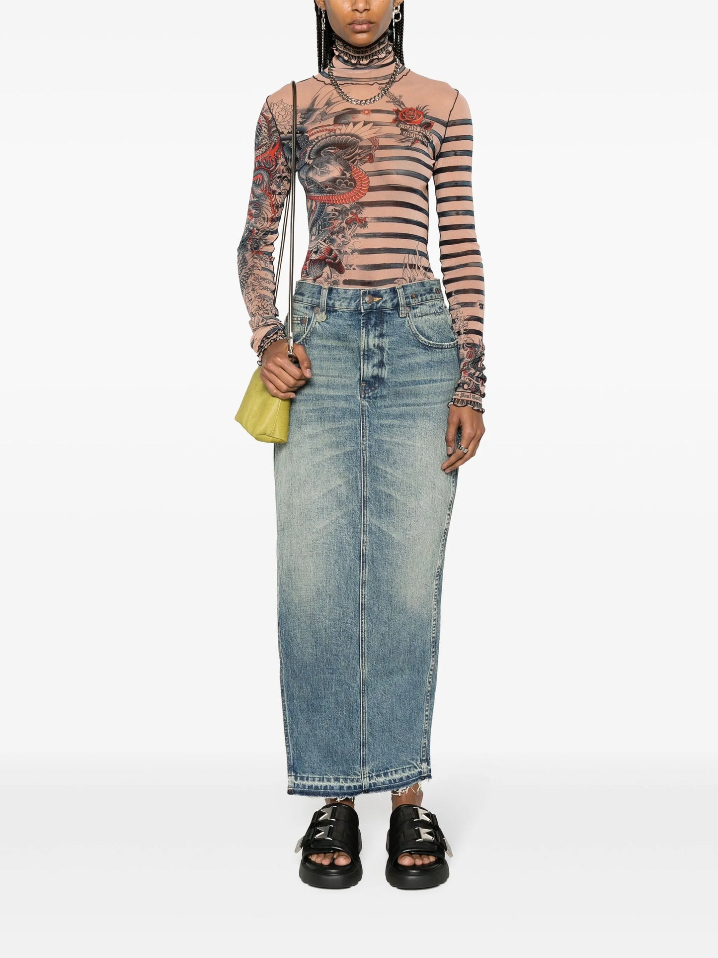 side-slit denim midi skirt