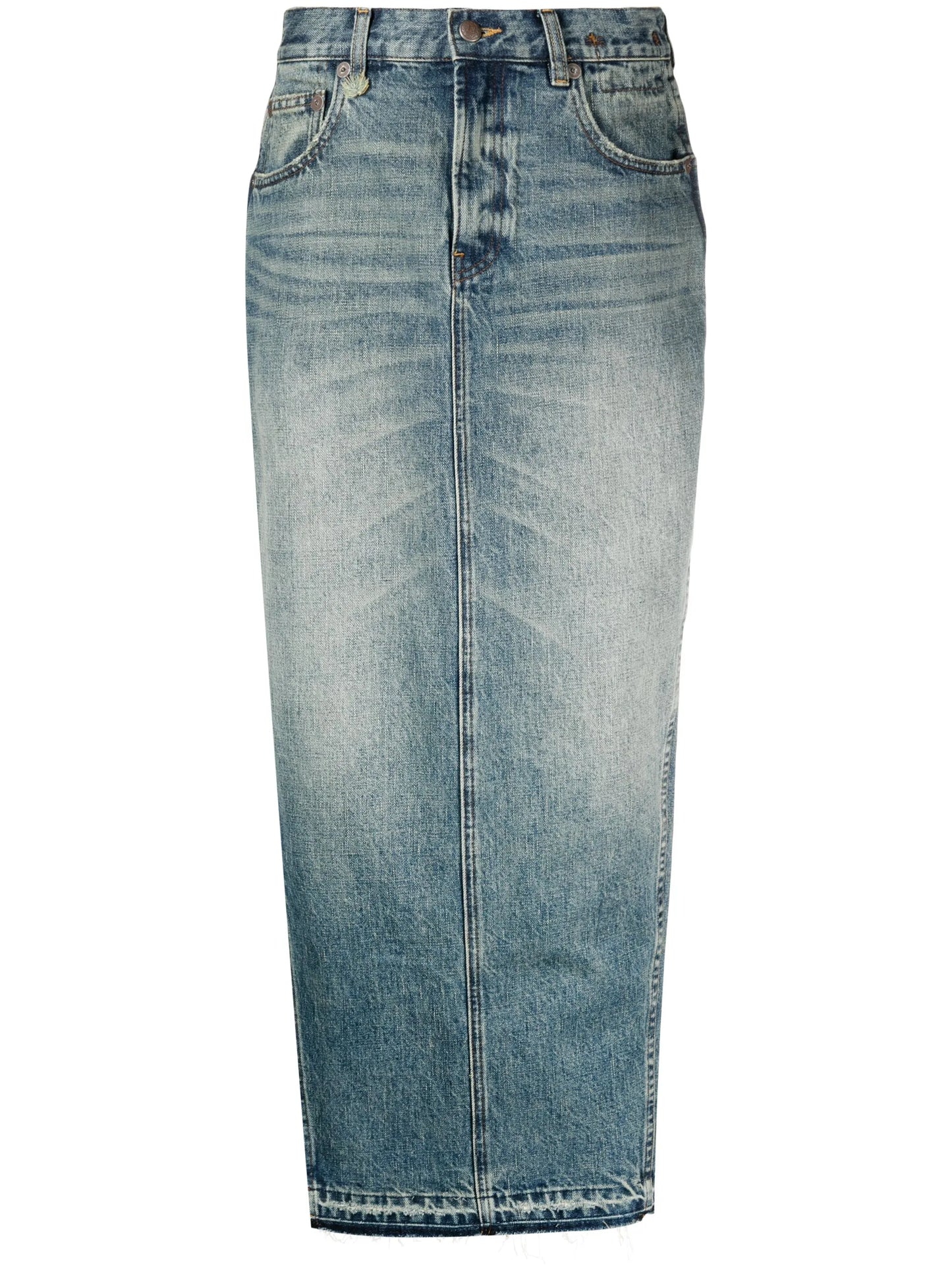 side-slit denim midi skirt
