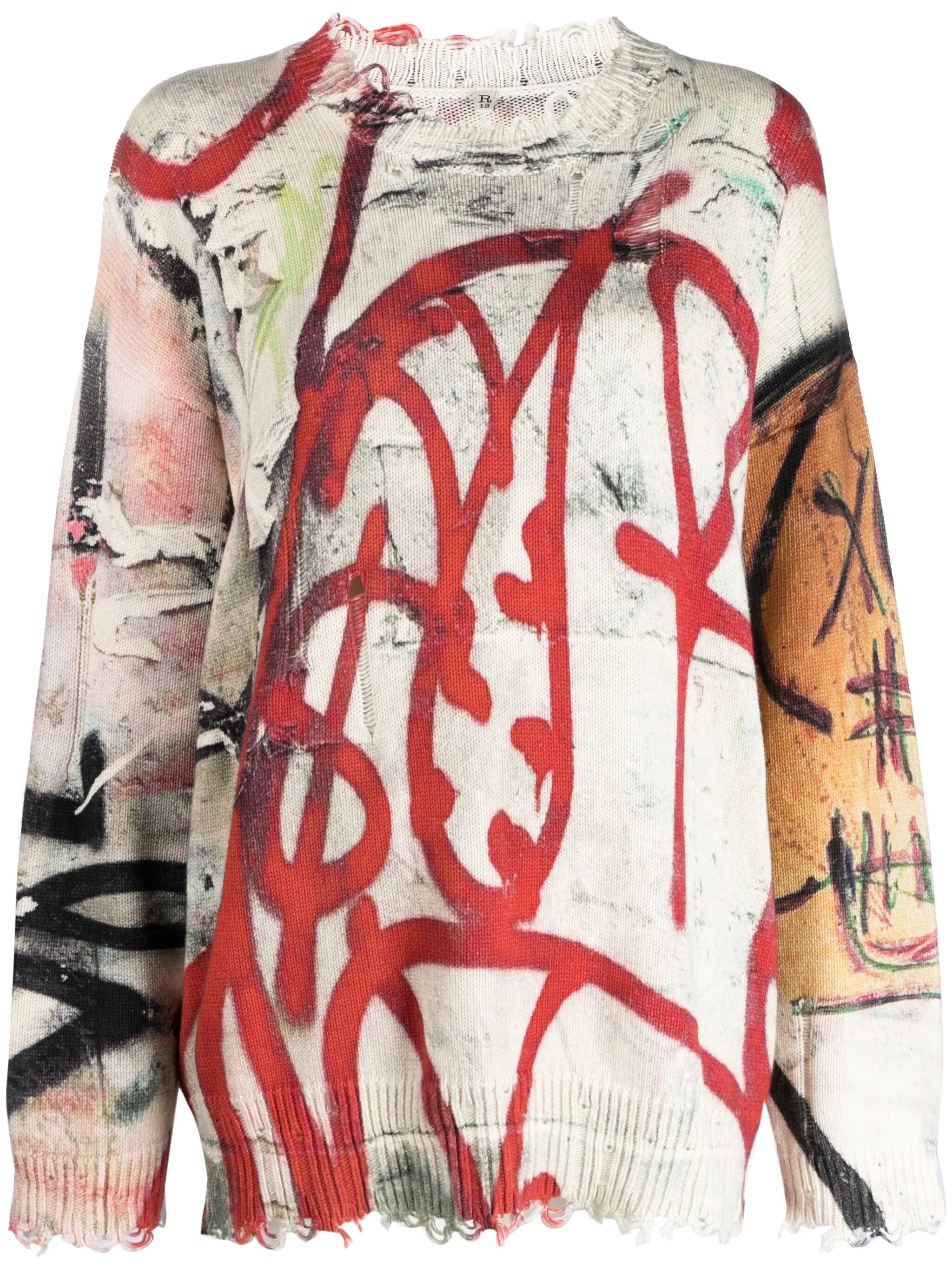 unfinished-effect graffiti-motif cotton jumper