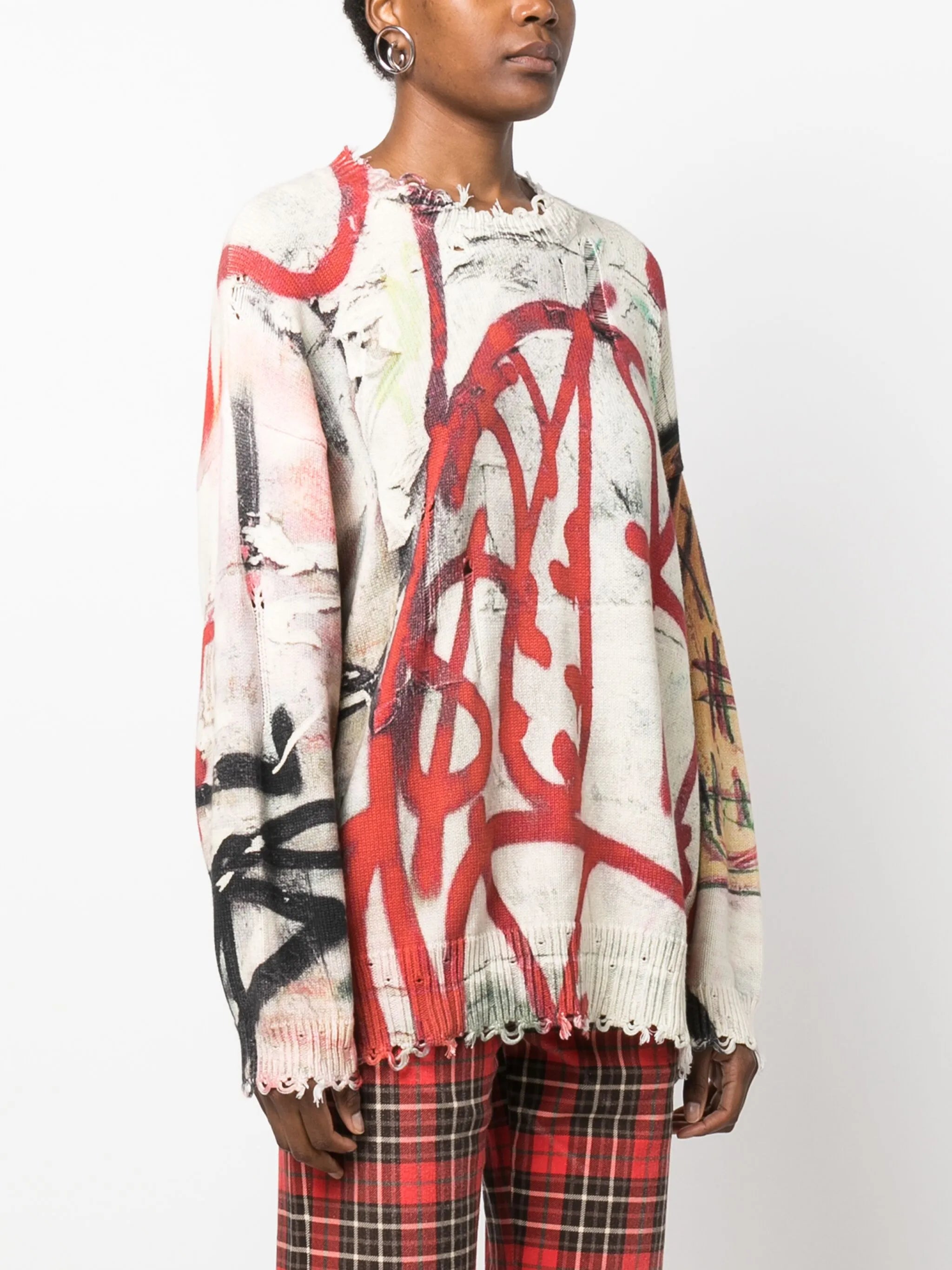 unfinished-effect graffiti-motif cotton jumper