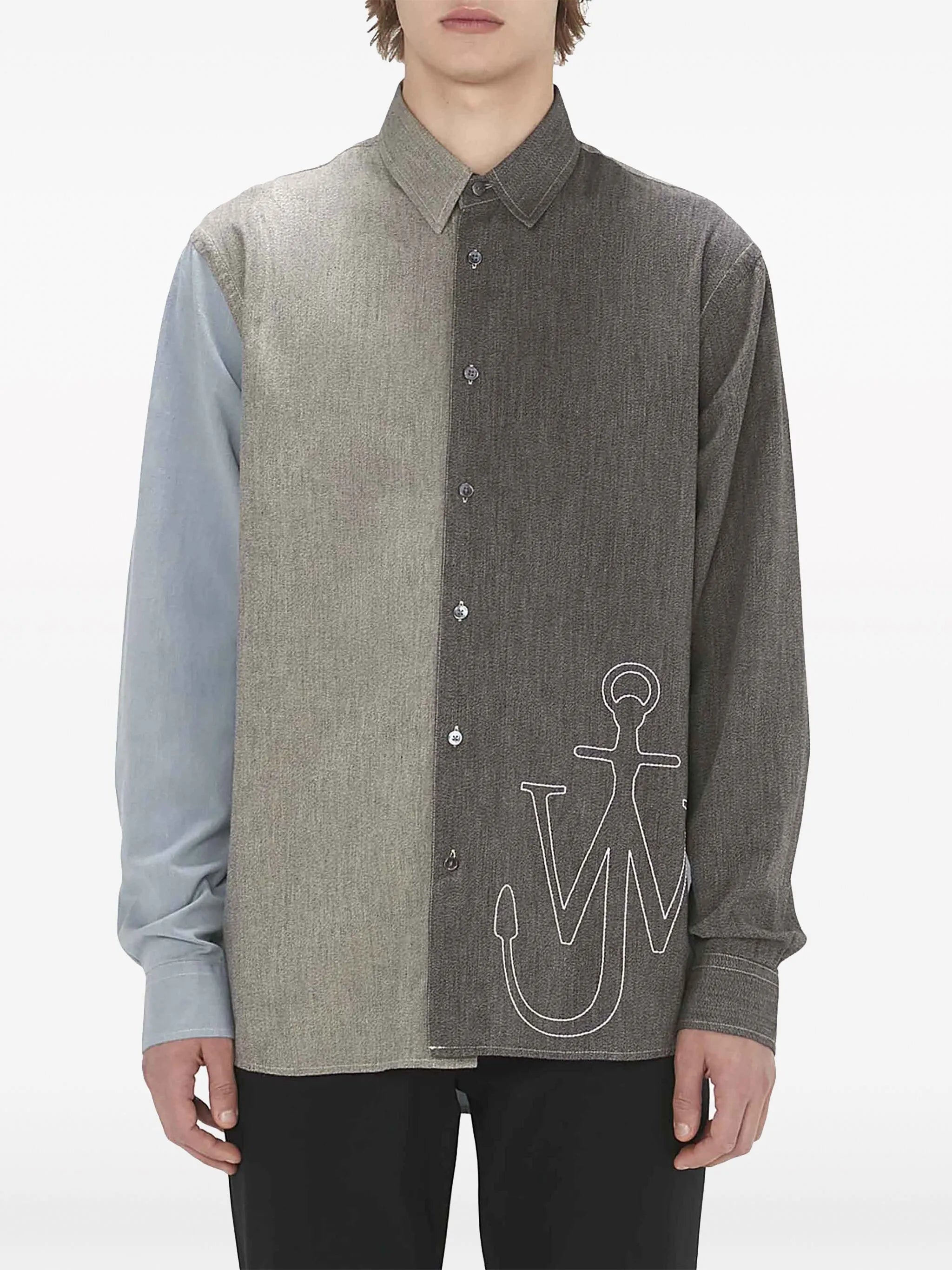 Anchor-embroidered patchwork shirt