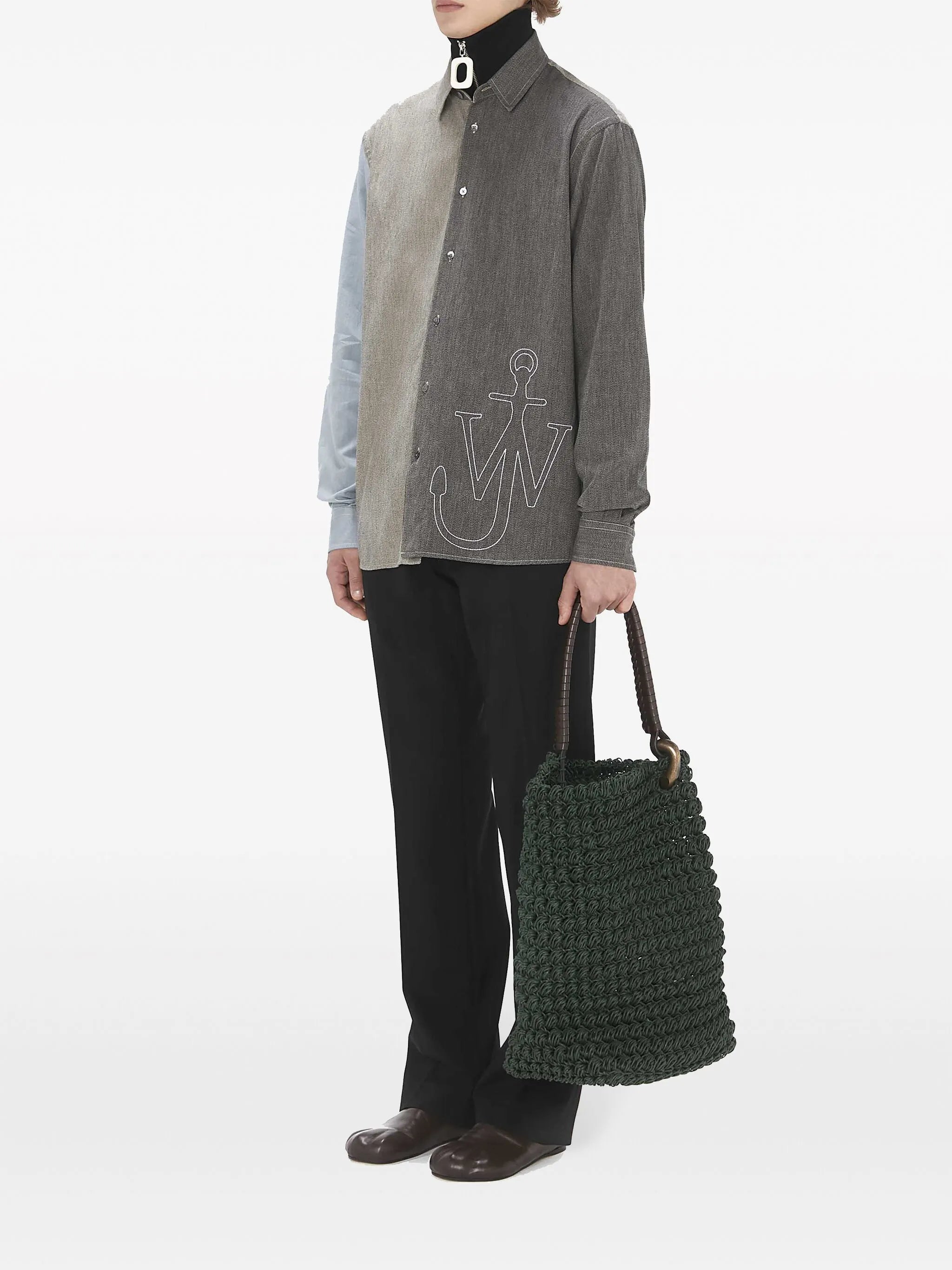 Anchor-embroidered patchwork shirt