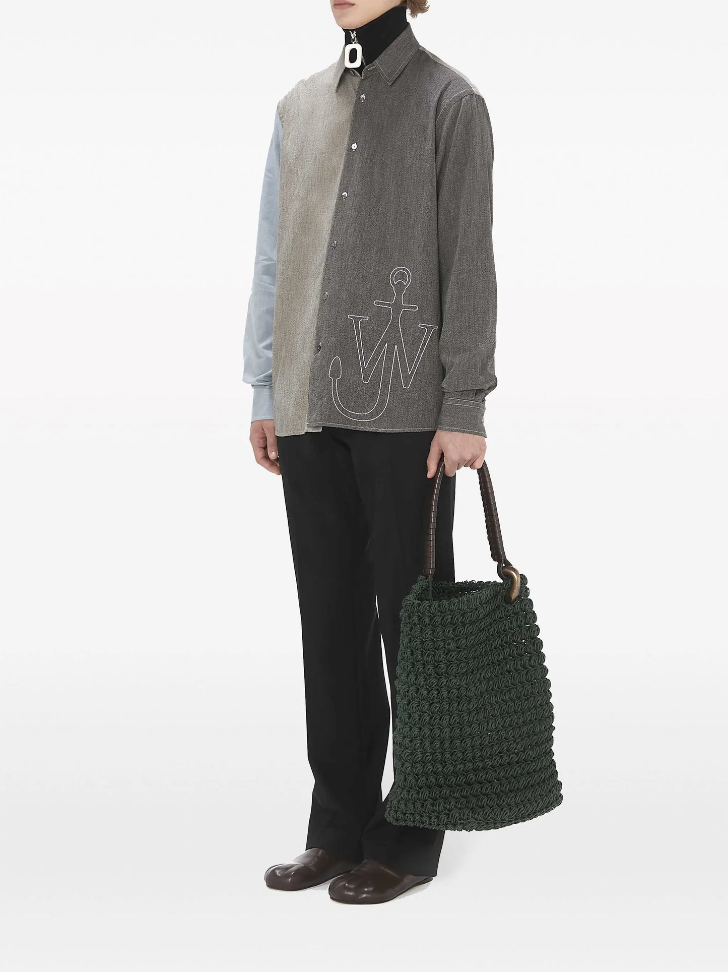 Anchor-embroidered patchwork shirt
