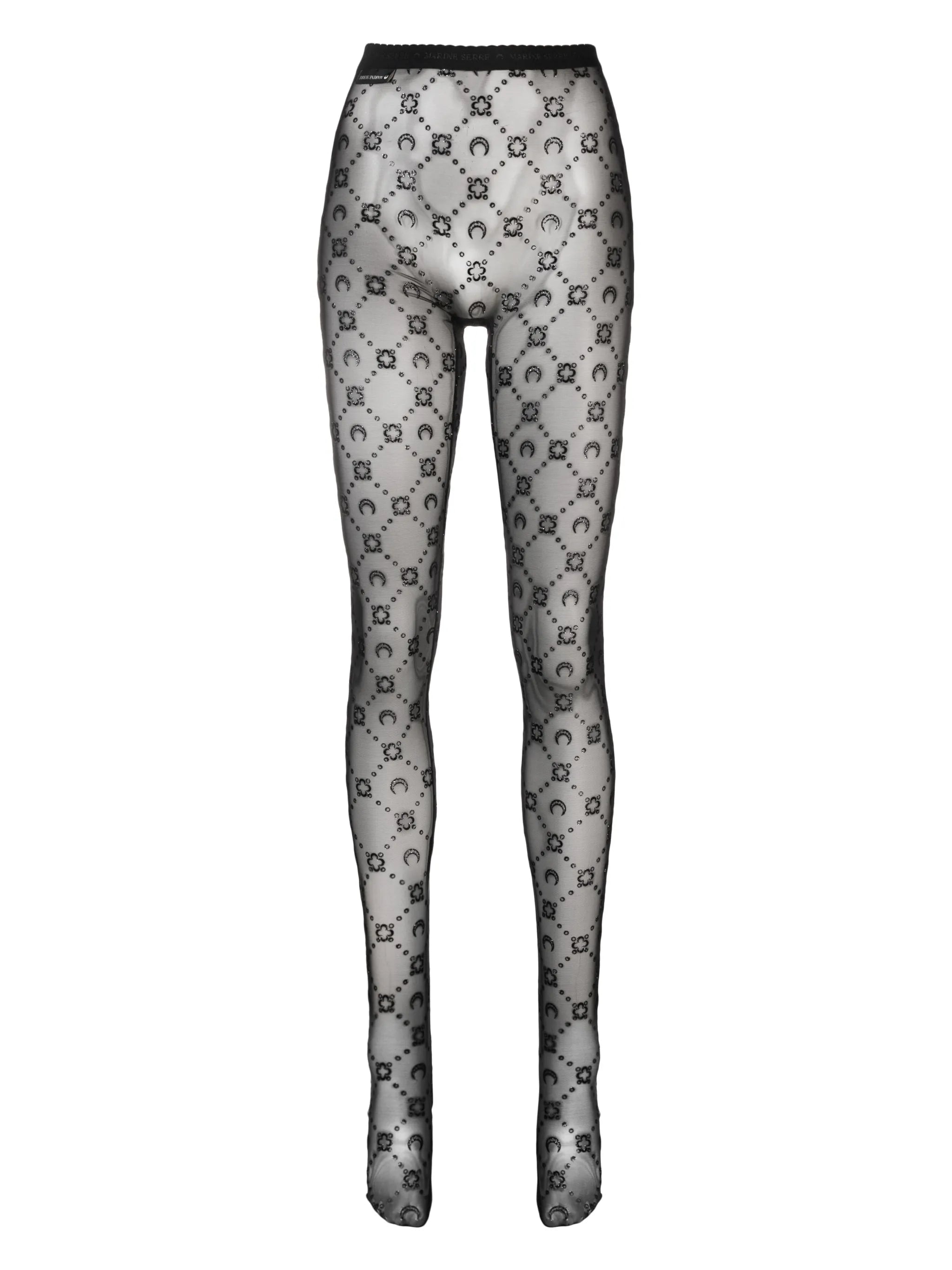 Crescent Moon-embroidered mesh tights