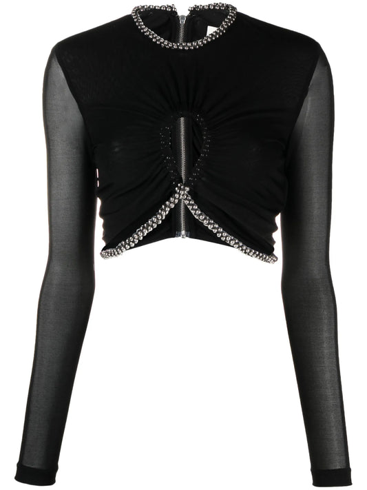 barball-embellished cut-out crop top