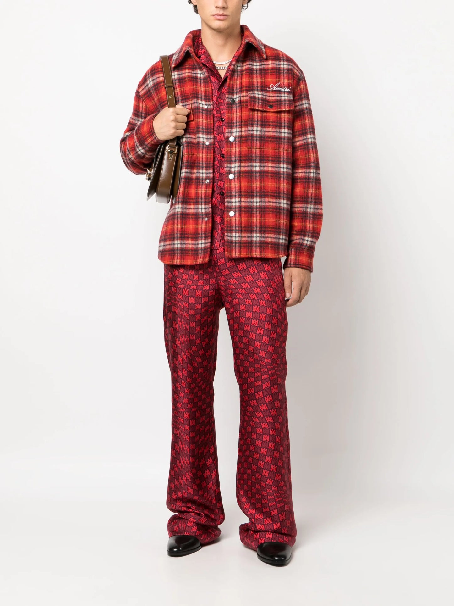 logo-embroidered plaid overshirt