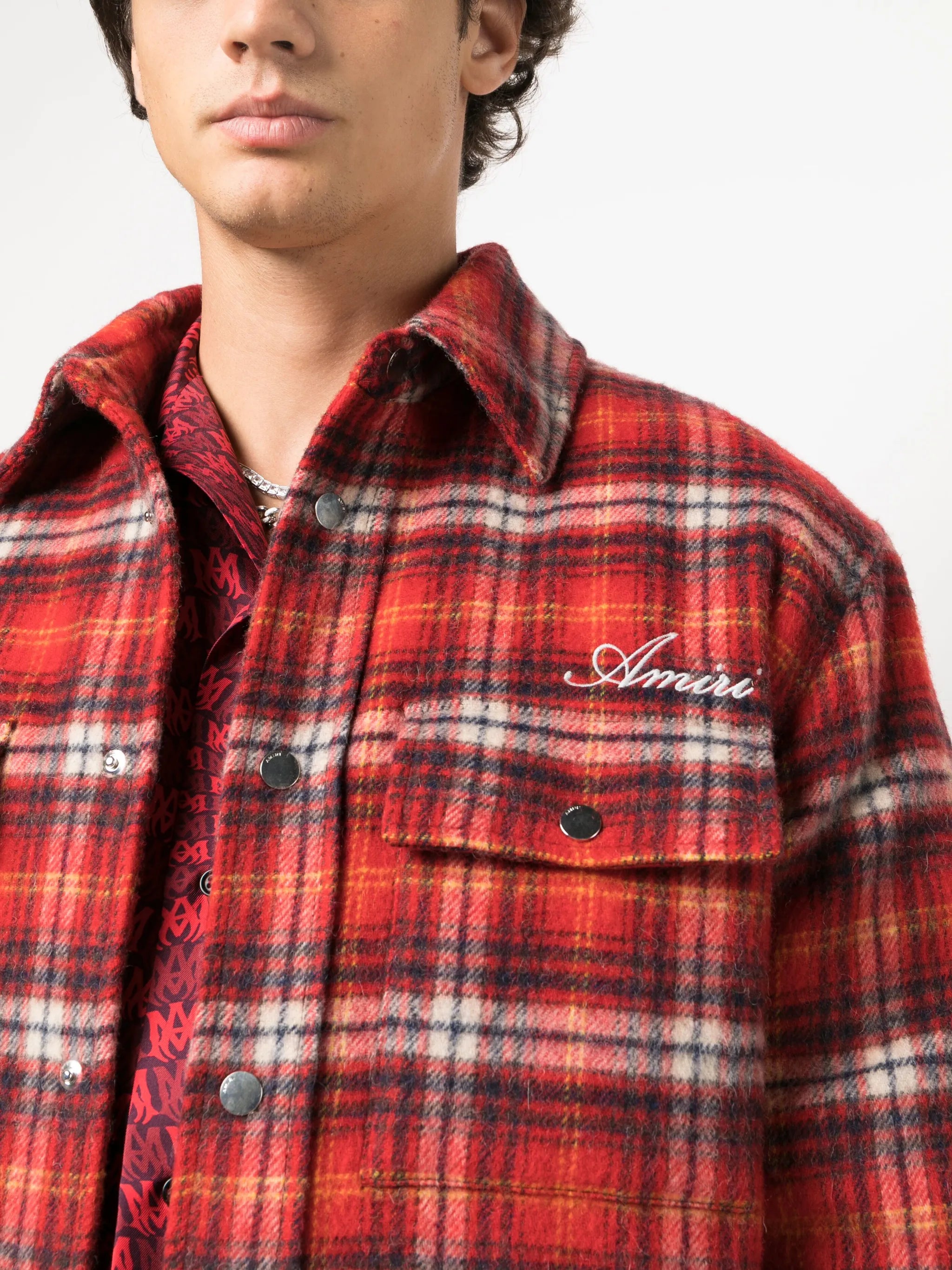 logo-embroidered plaid overshirt