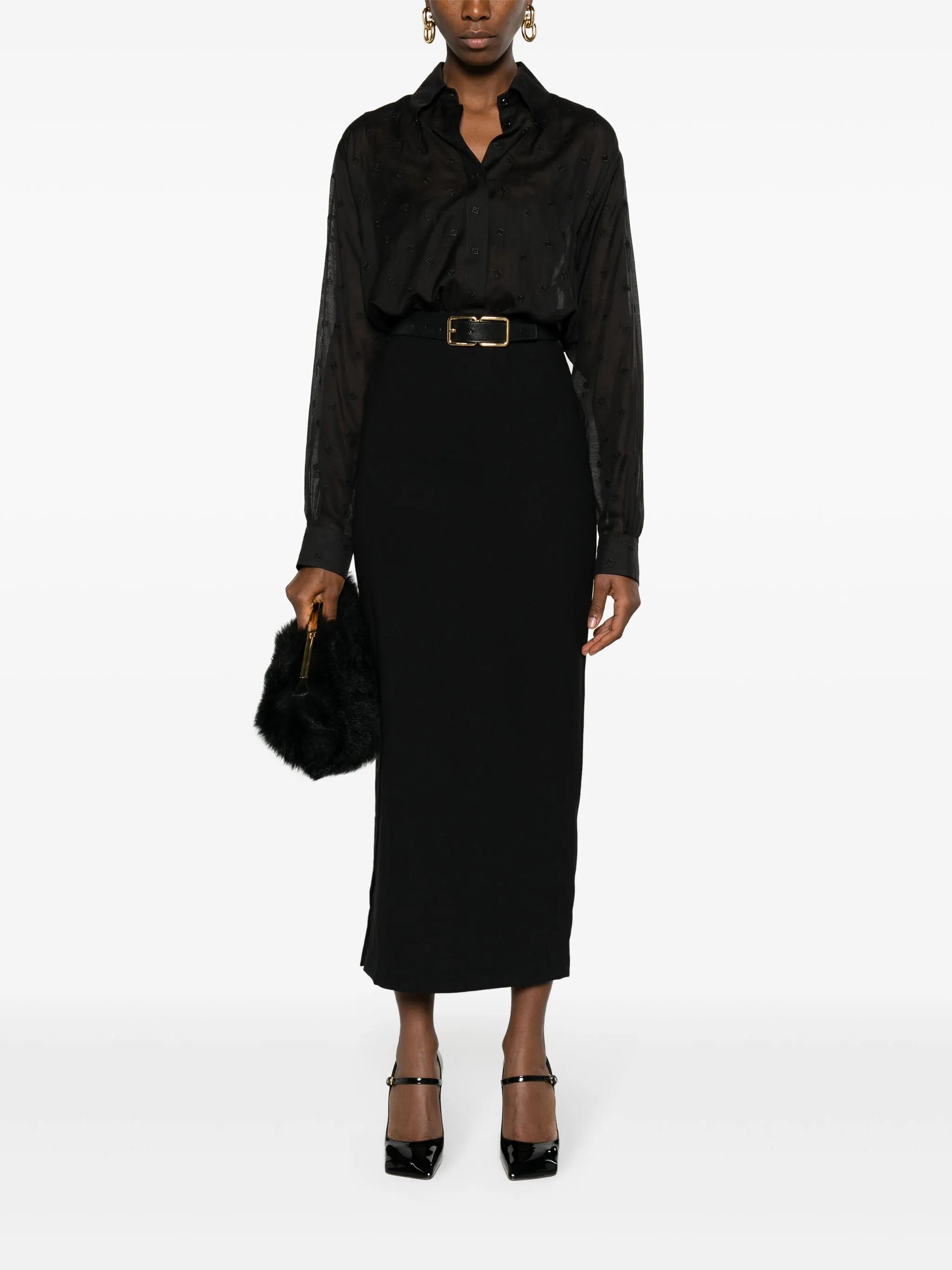 FF-embroidered semi-sheer shirt