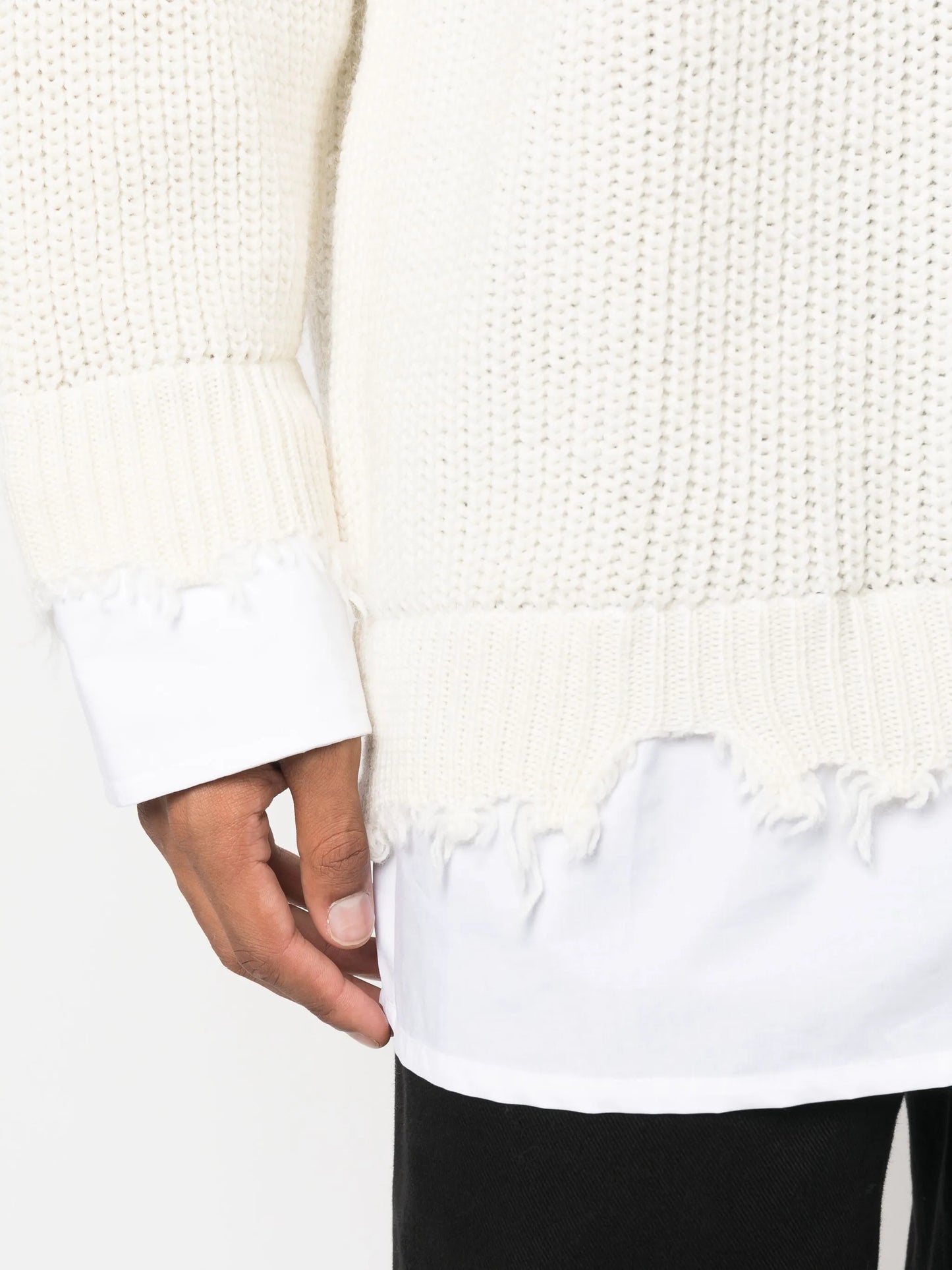 layered distressed crochet-knit jumper