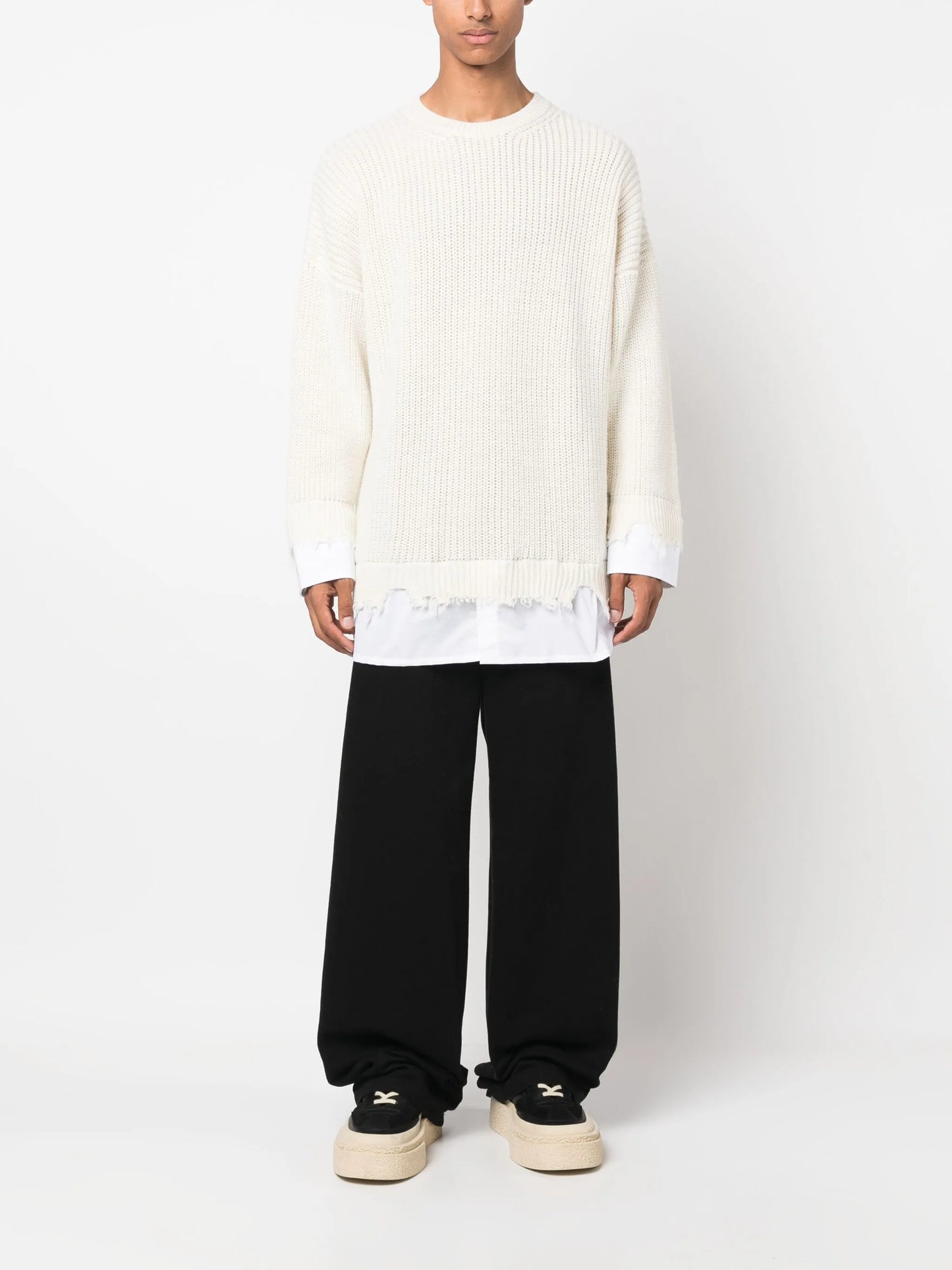 layered distressed crochet-knit jumper
