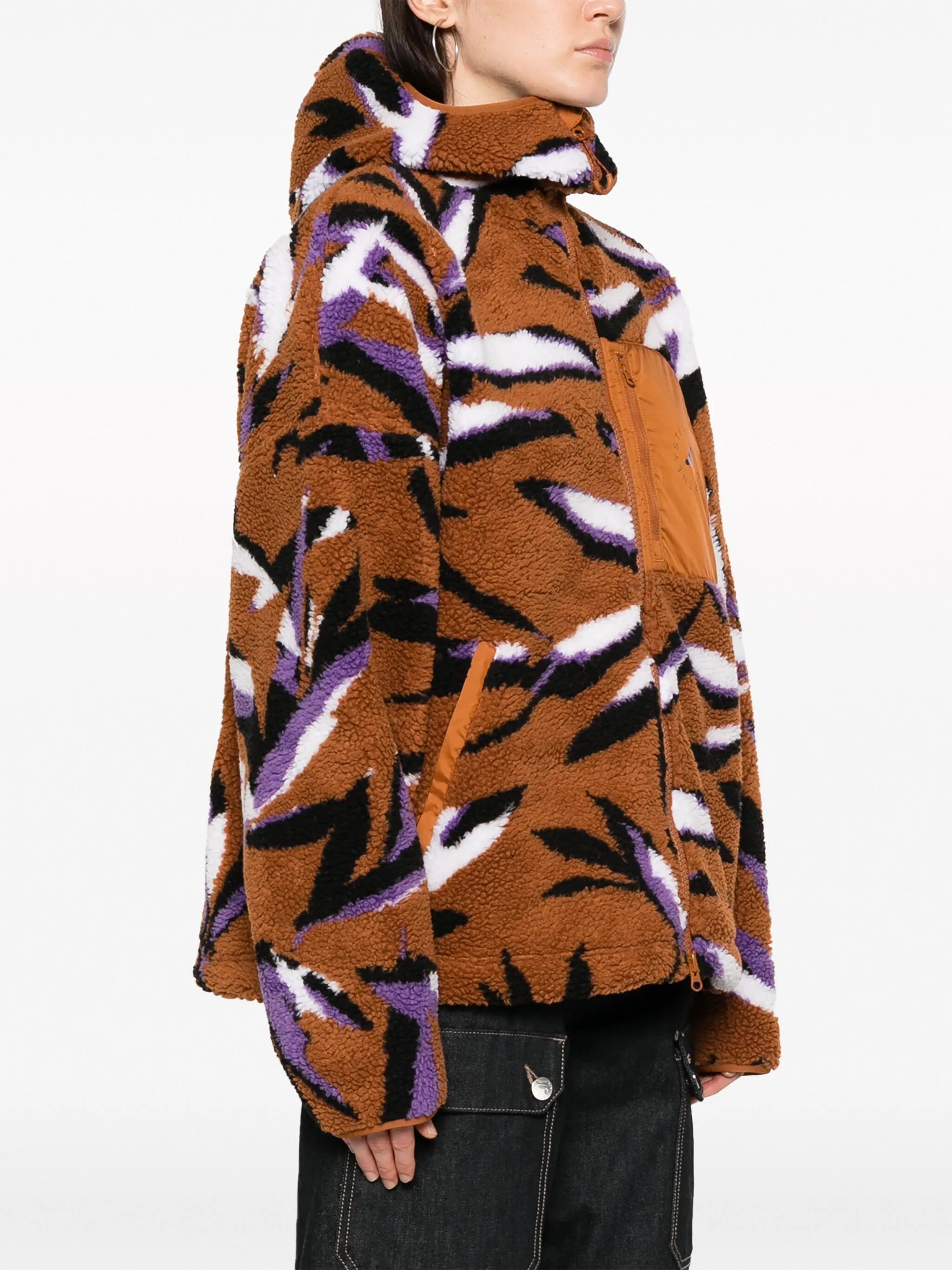 leaf-print zip-up fleece jacket