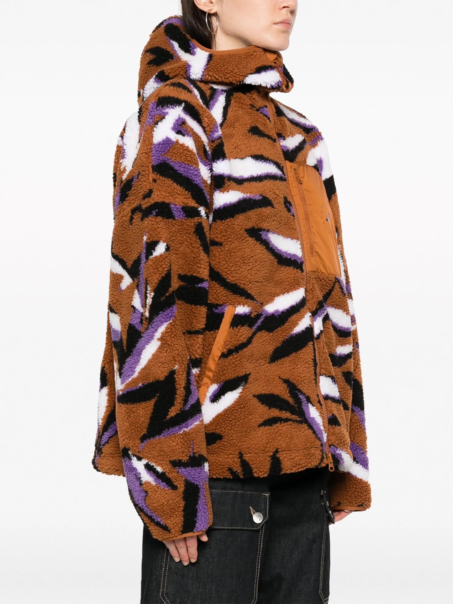 leaf-print zip-up fleece jacket