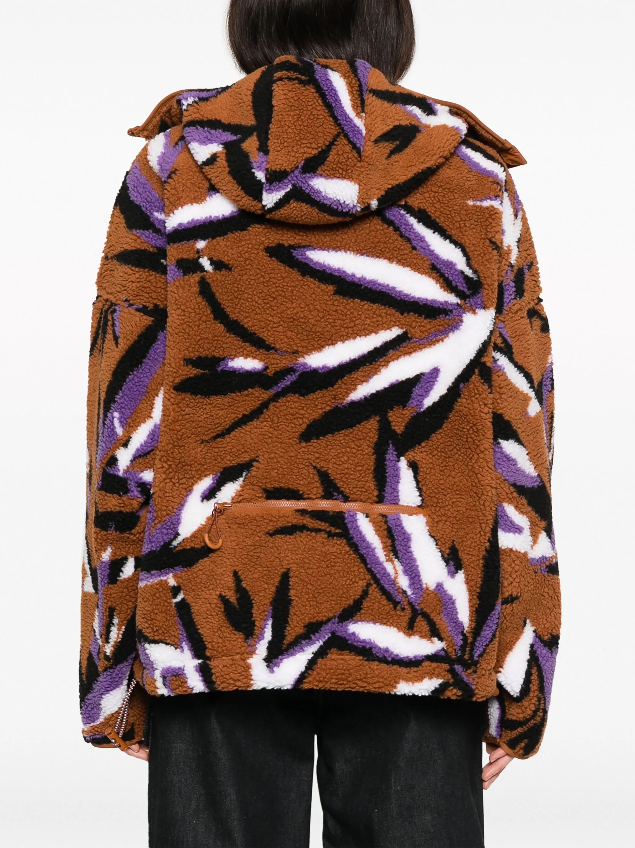 leaf-print zip-up fleece jacket