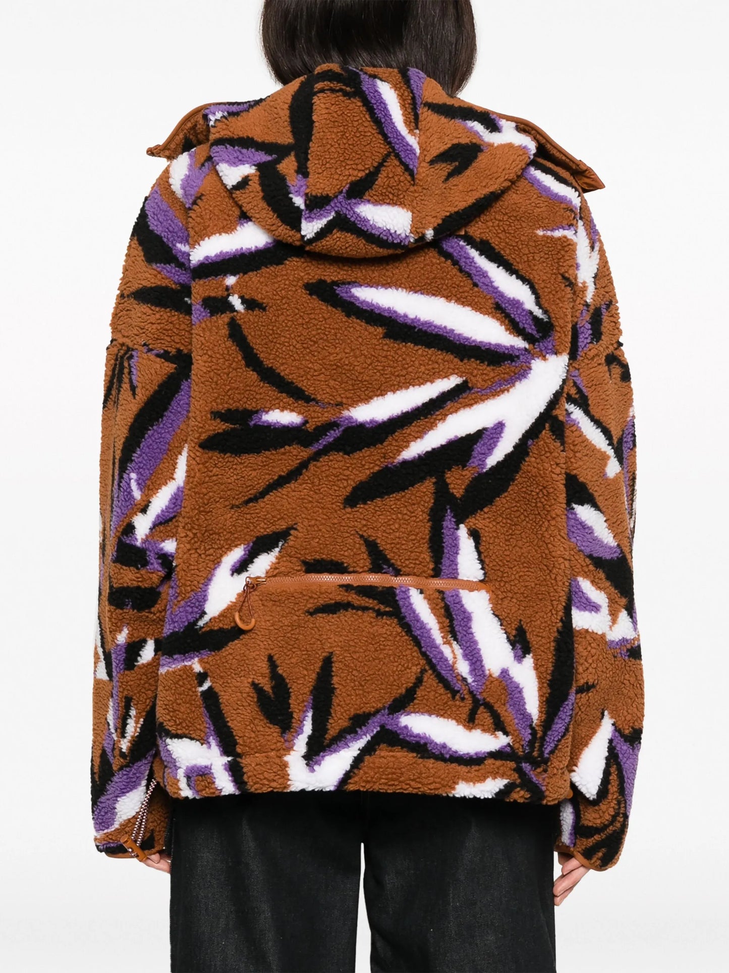 leaf-print zip-up fleece jacket