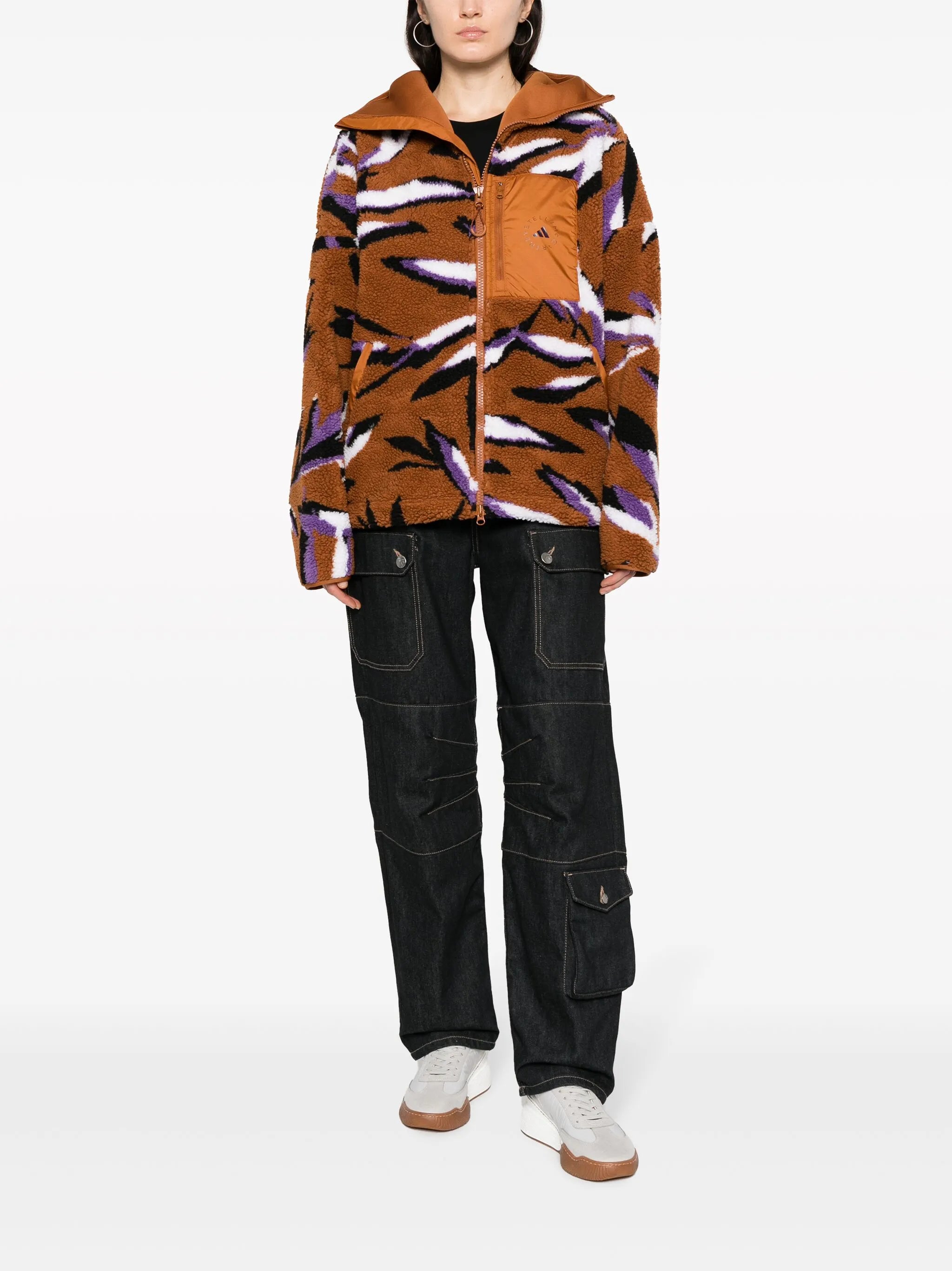 leaf-print zip-up fleece jacket