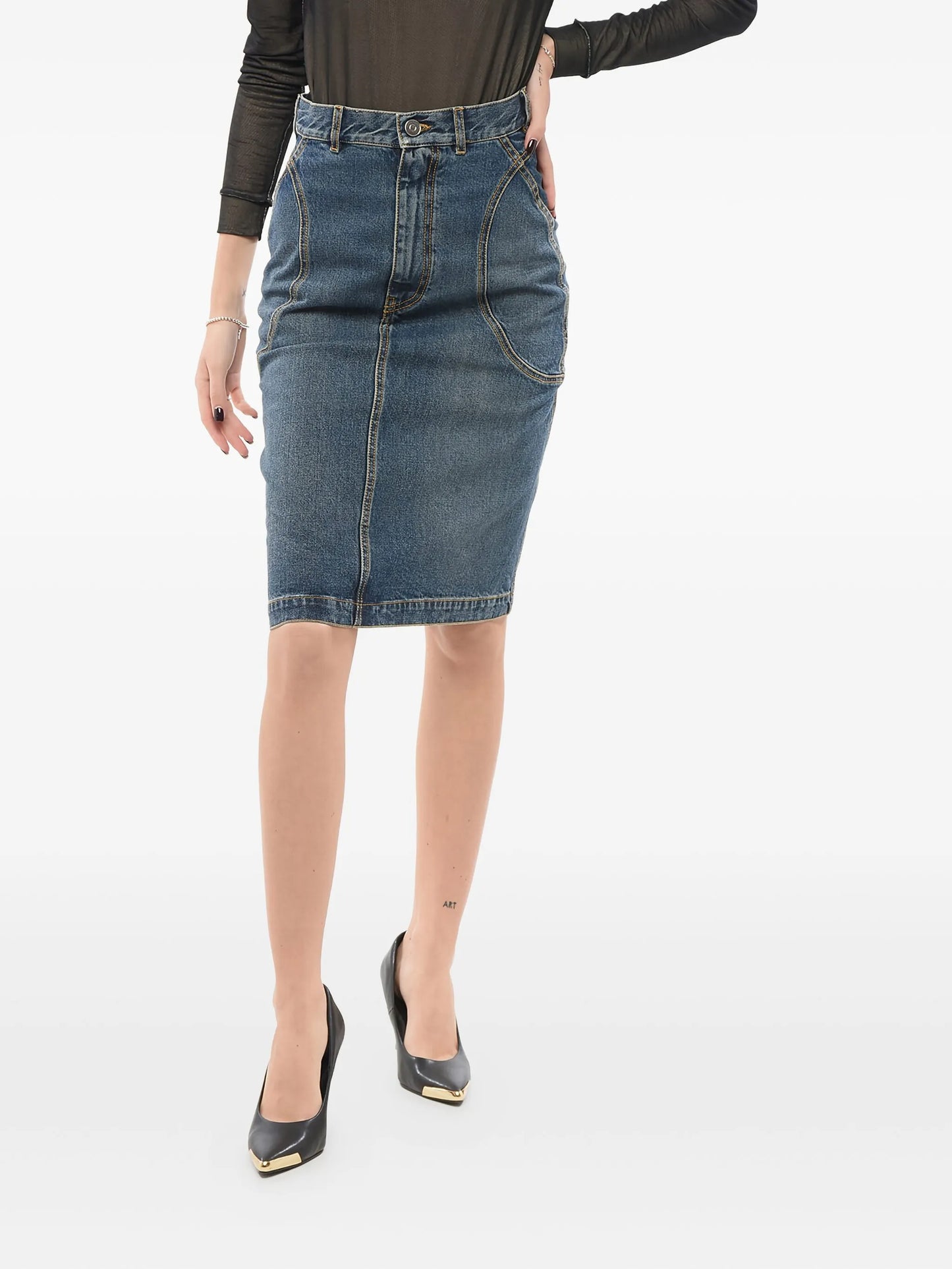 panelled denim pencil skirt