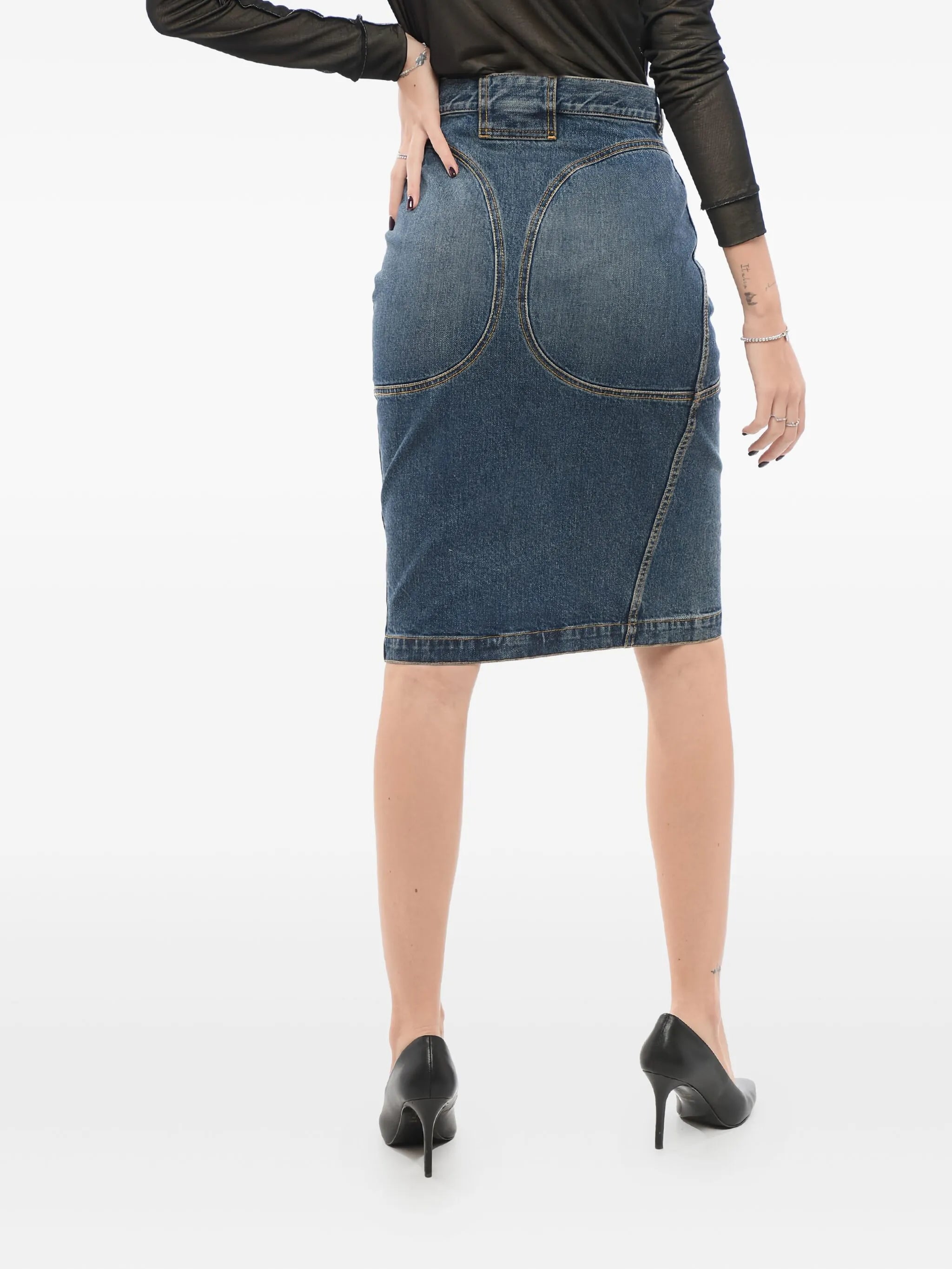 panelled denim pencil skirt