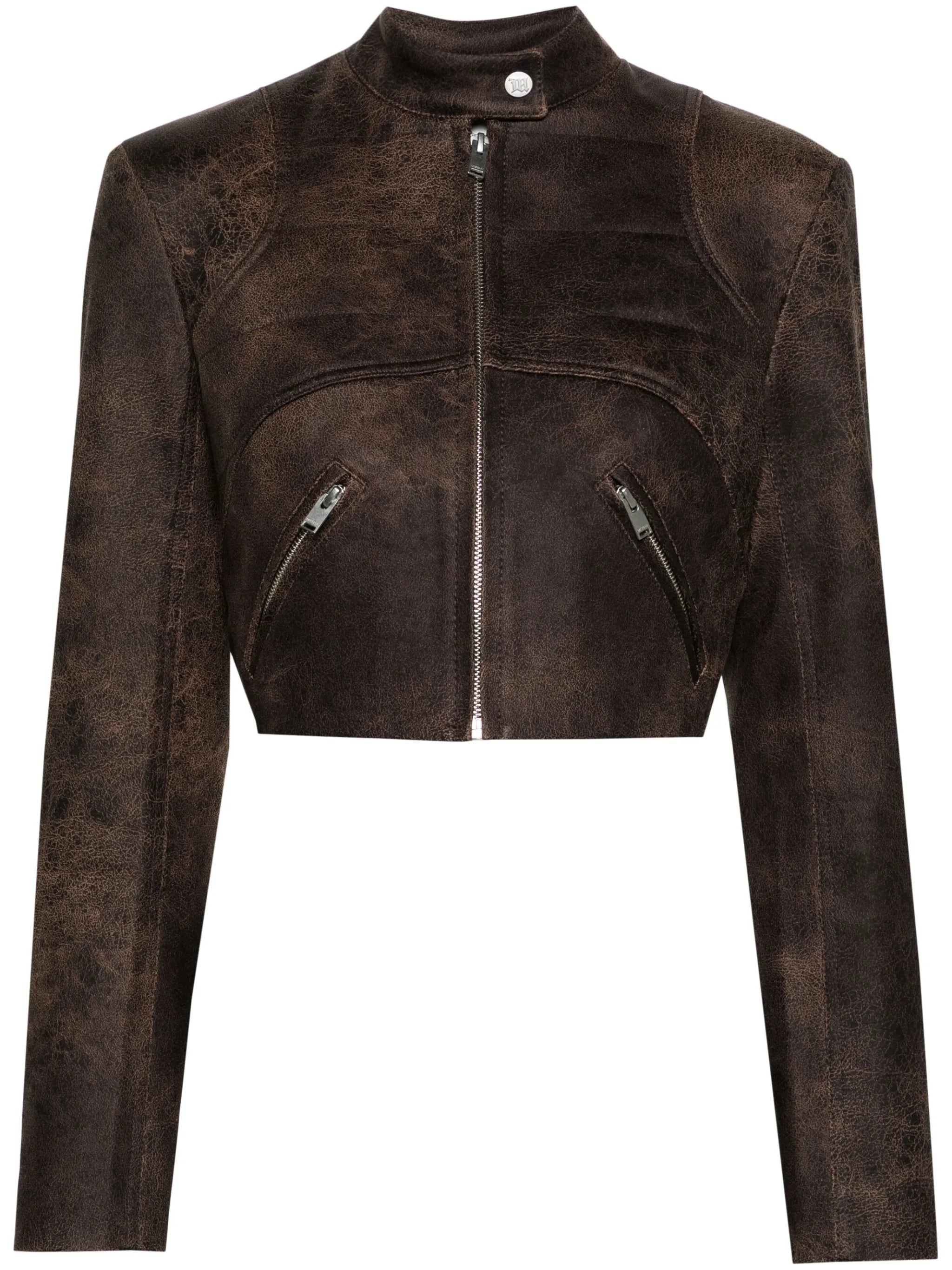 cracked cropped faux-leather jacket