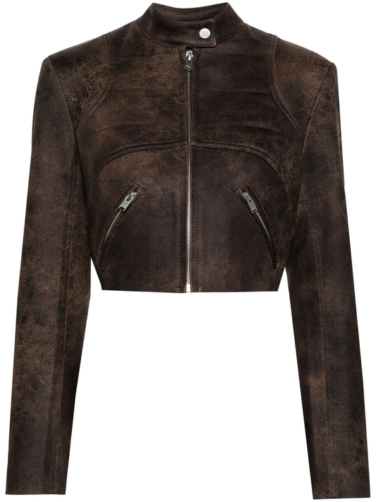 cracked cropped faux-leather jacket