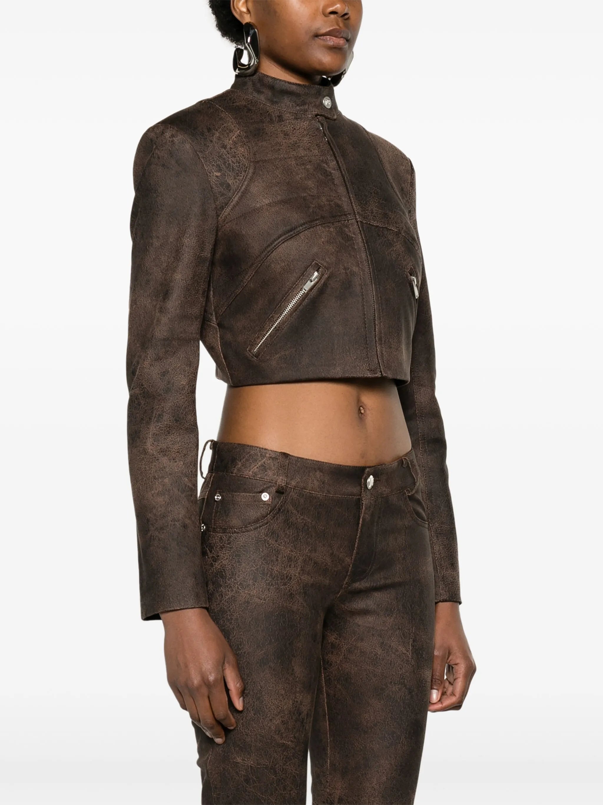 cracked cropped faux-leather jacket