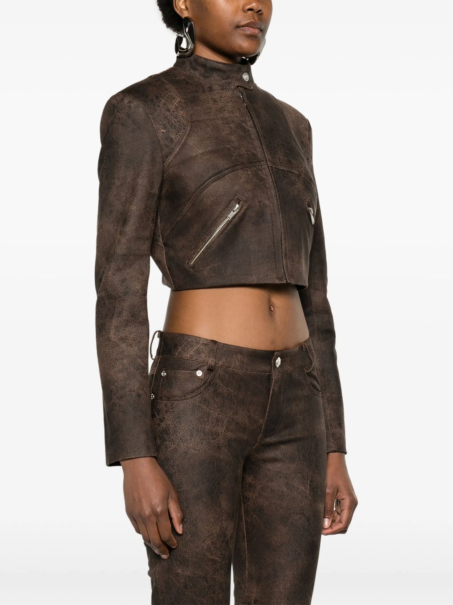 cracked cropped faux-leather jacket